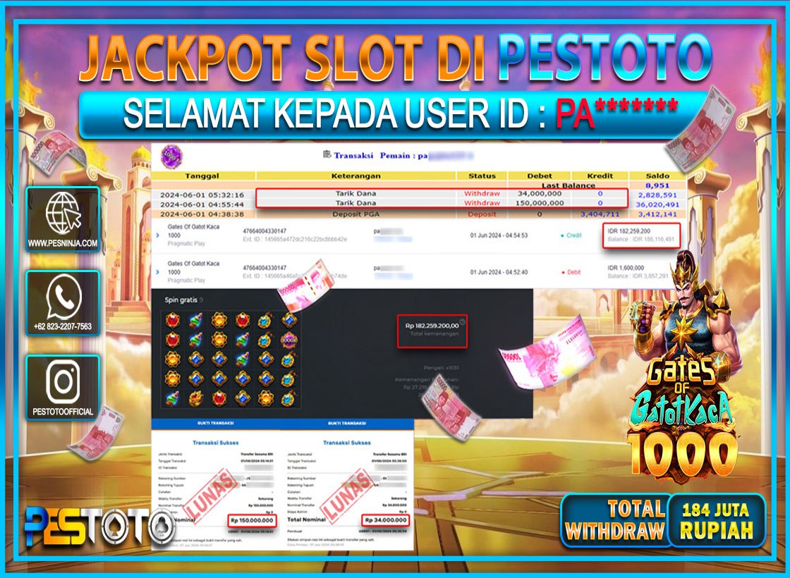 HANYA DI PESTOTO JP PASTI DI BAYAR LUNAS DAN CEPAT!!!!!! JP SLOT { GATES OF GATOTKACA 1000  } Rp.184.000.000 !!!!!