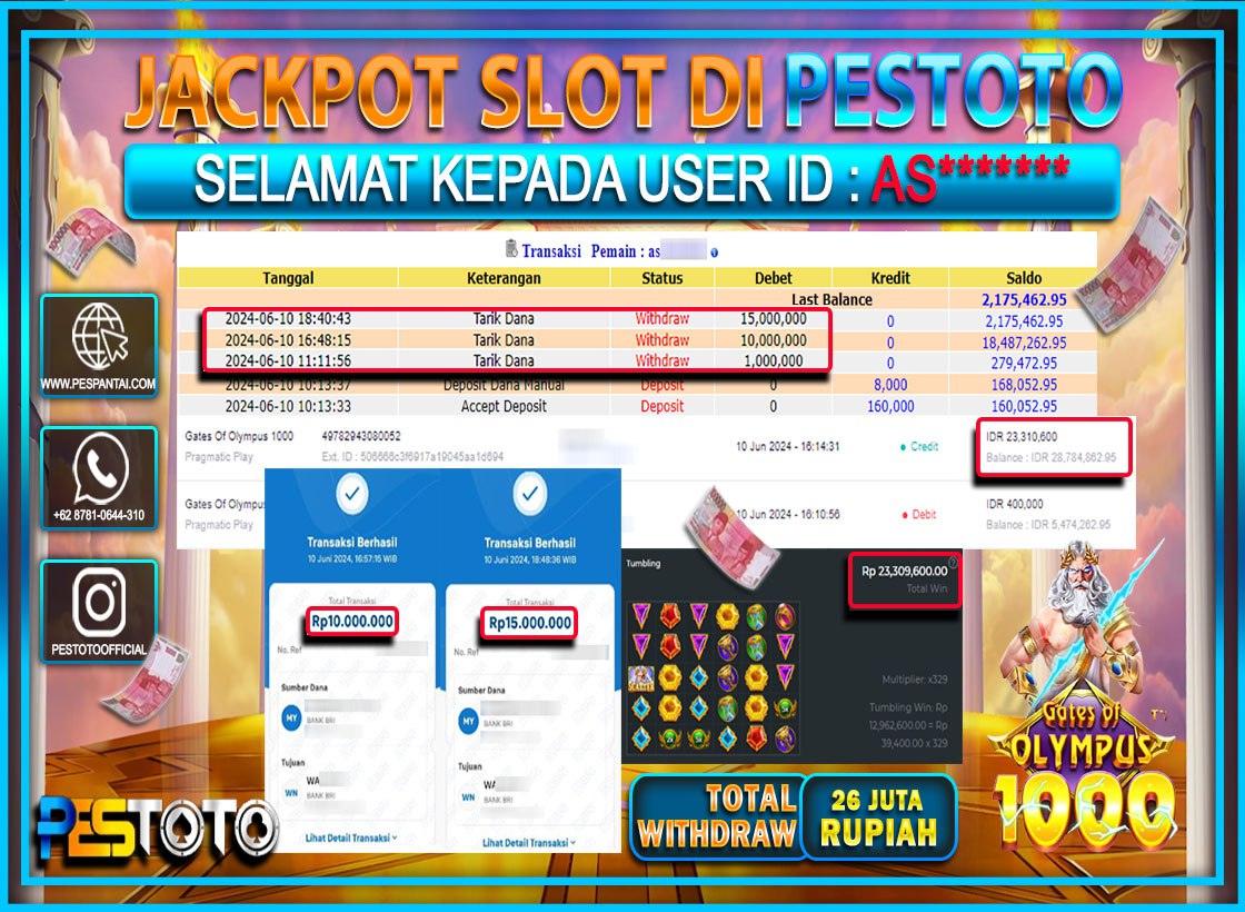 HANYA DI PESTOTO JP PASTI DI BAYAR LUNAS DAN CEPAT!!!!!! JP SLOT { GATES OF OLYMPUS 1000 } Rp. 26.000.000 !!!!!