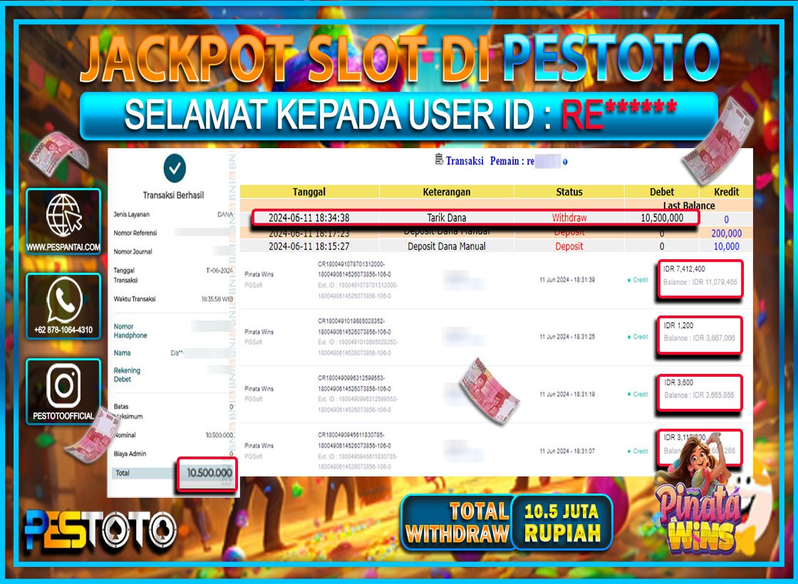 HANYA DI PESTOTO JP PASTI DI BAYAR LUNAS DAN CEPAT!!!!!! JP SLOT { PINATA WINS } Rp. 10.500.000 !!!!!