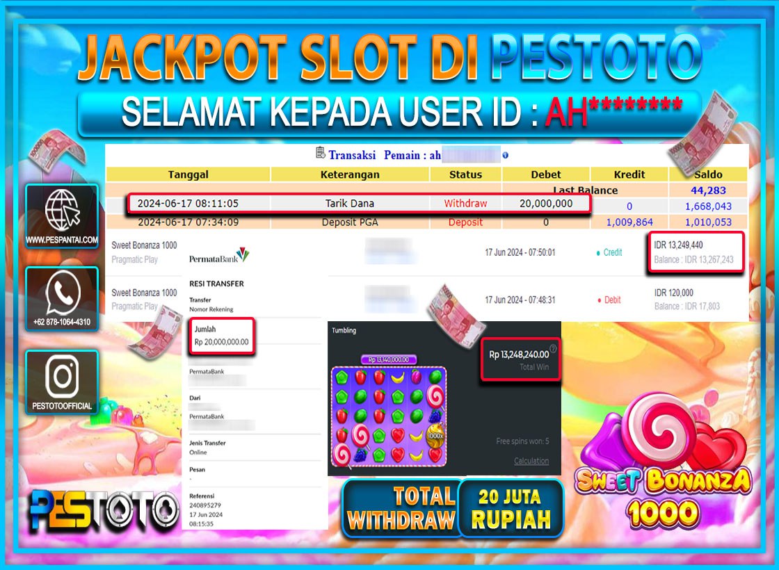 HANYA DI PESTOTO JP PASTI DI BAYAR LUNAS DAN CEPAT!!!!!! JP SLOT { SWEET BONAZA 1000 } Rp. 20.000.000 !!!!!