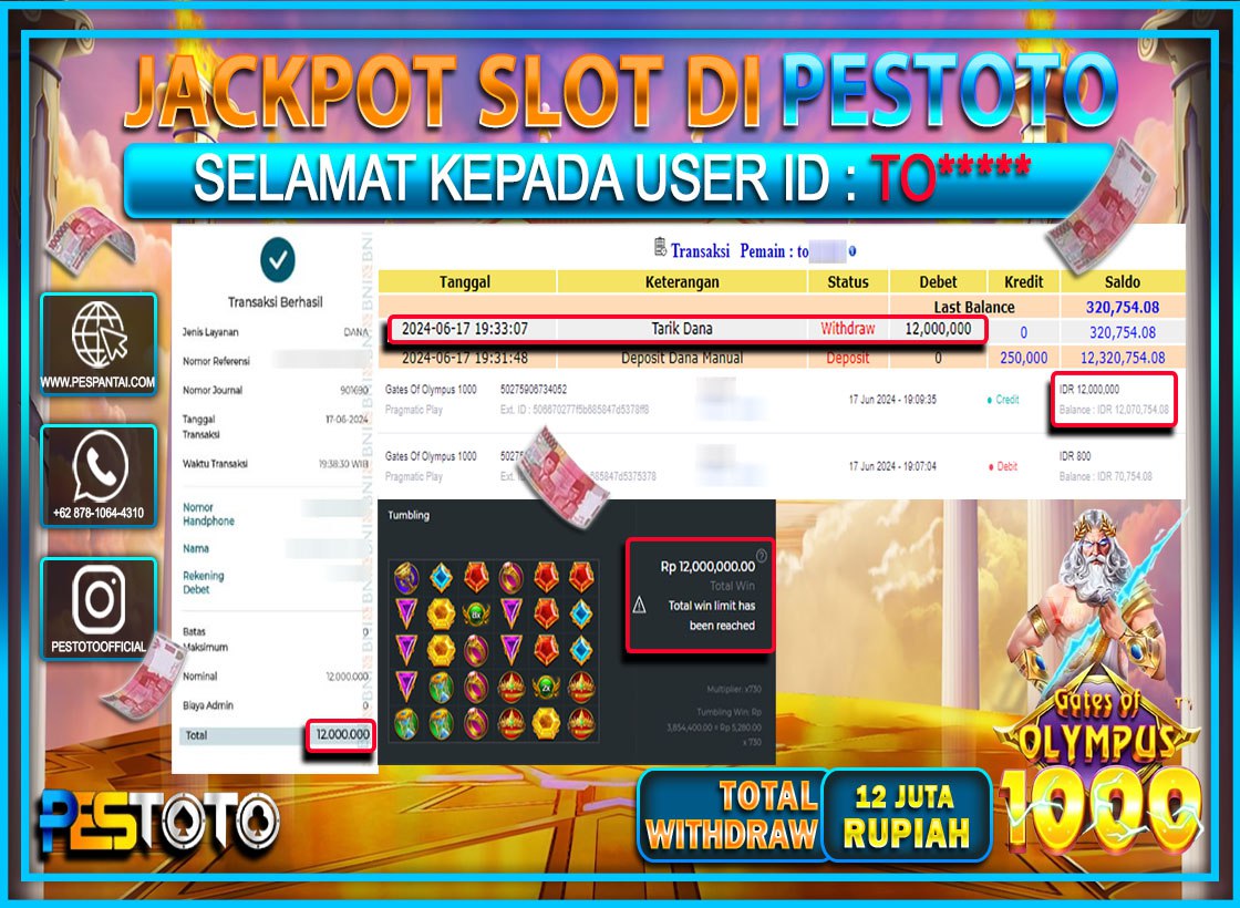 HANYA DI PESTOTO JP PASTI DI BAYAR LUNAS DAN CEPAT!!!!!! JP SLOT { GATES OF OLYMPUS 1000 } Rp. 12.000.000 !!!!!