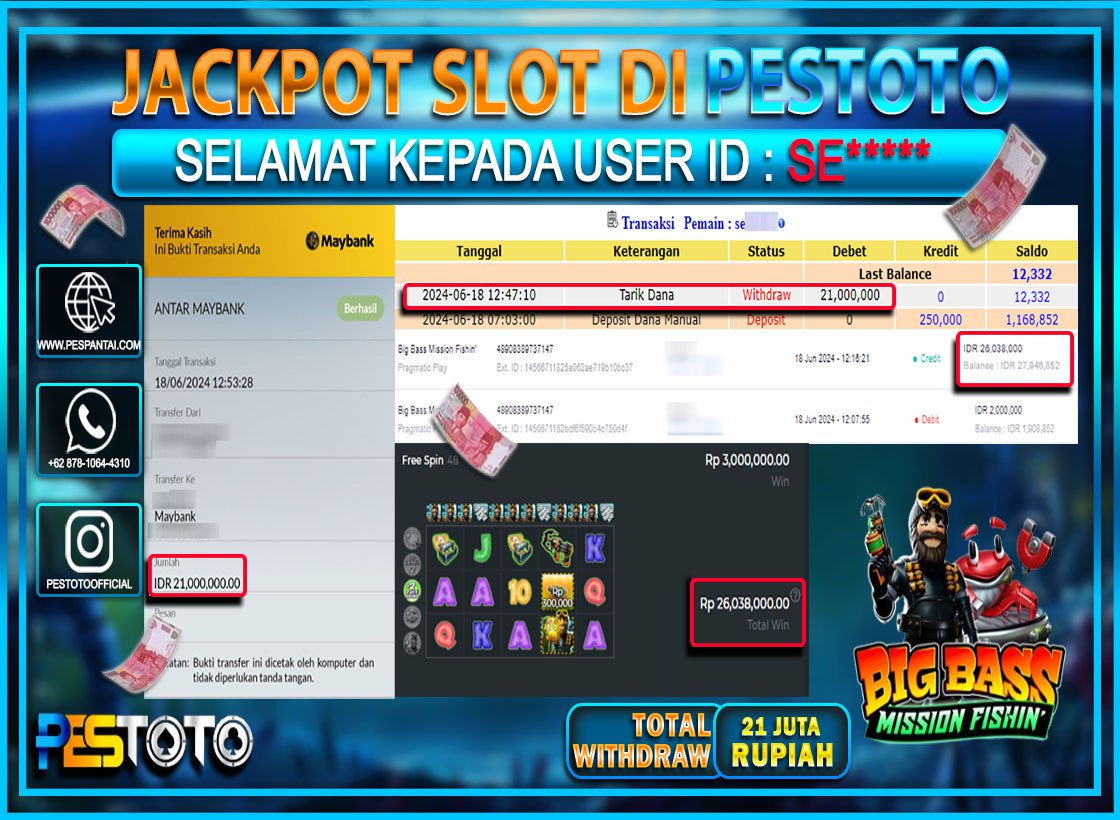 HANYA DI PESTOTO JP PASTI DI BAYAR LUNAS DAN CEPAT!!!!!! JP SLOT { BIG BASS MISSION FISHIN } Rp. 21.000.000 !!!!!