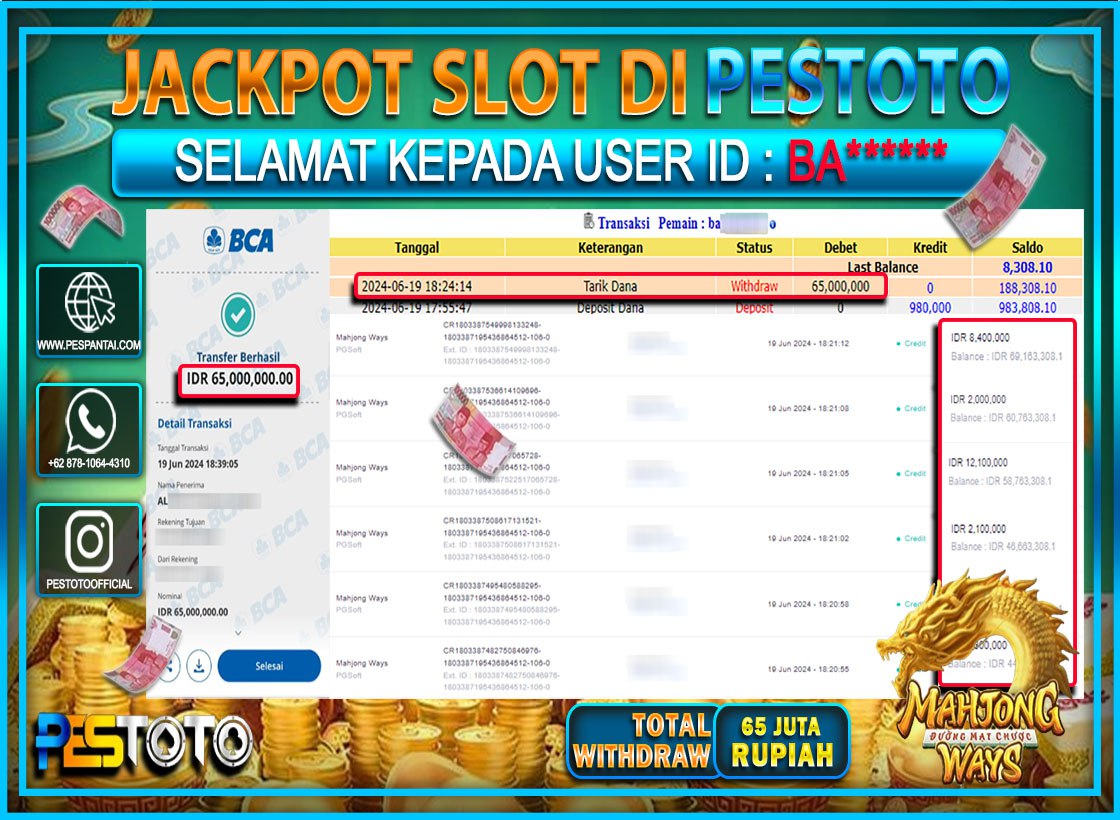 HANYA DI PESTOTO JP PASTI DI BAYAR LUNAS DAN CEPAT!!!!!! JP SLOT { MAHJONG WAYS } Rp. 65.000.000 !!!!!
