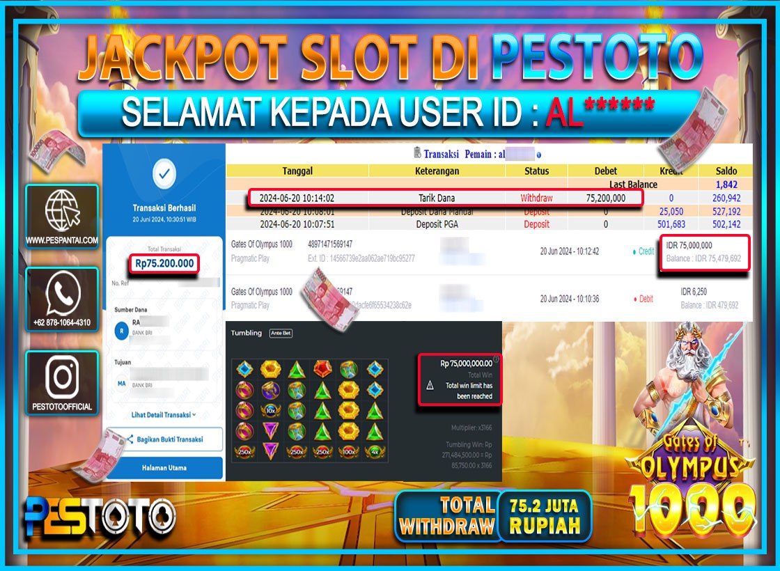 HANYA DI PESTOTO JP PASTI DI BAYAR LUNAS DAN CEPAT!!!!!! JP SLOT { GATES OF OLYMPUS 1000 } Rp. 75.200.000 !!!!!