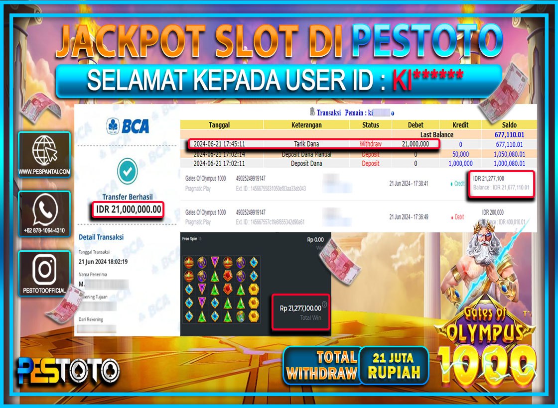 HANYA DI PESTOTO JP PASTI DI BAYAR LUNAS DAN CEPAT!!!!!! JP SLOT { GATES OF OLYMPUS 1000 } Rp. 21.000.000 !!!!!