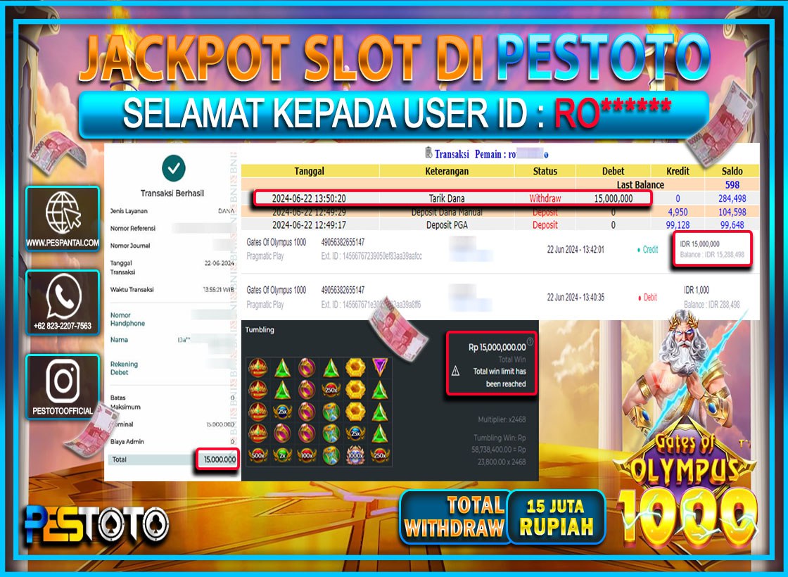 HANYA DI PESTOTO JP PASTI DI BAYAR LUNAS DAN CEPAT!!!!!! JP SLOT { GATES OF OLYMPUS 1000 } Rp. 15.000.000 !!!!!