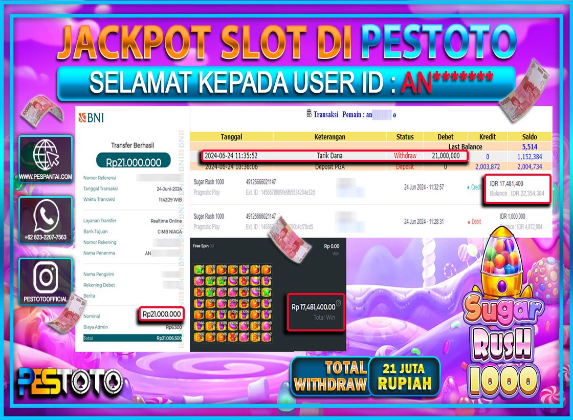 HANYA DI PESTOTO JP PASTI DI BAYAR LUNAS DAN CEPAT!!!!!! JP SLOT { Sugar Rush 1000 } Rp. 21.000.000 !!!!!