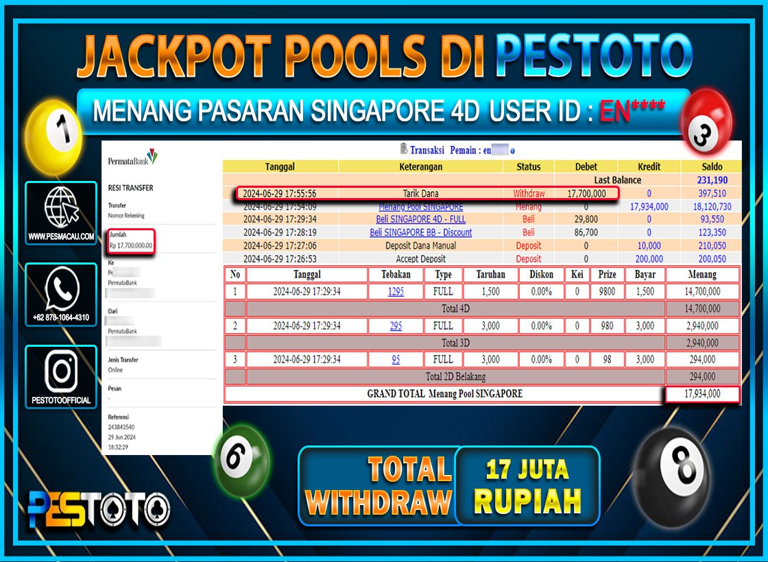 HANYA DI PESTOTO JP PASTI DI BAYAR LUNAS DAN CEPAT!!!!!! JP TOGEL { SINGAPORE POOLS } Rp. 17.000.000!!!!!