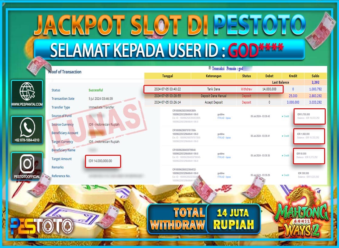HANYA DI PESTOTO JP PASTI DI BAYAR LUNAS DAN CEPAT!!!!!! JP SLOT { MAHJONG WAYS 2 } Rp. 14.000.000!!!!!