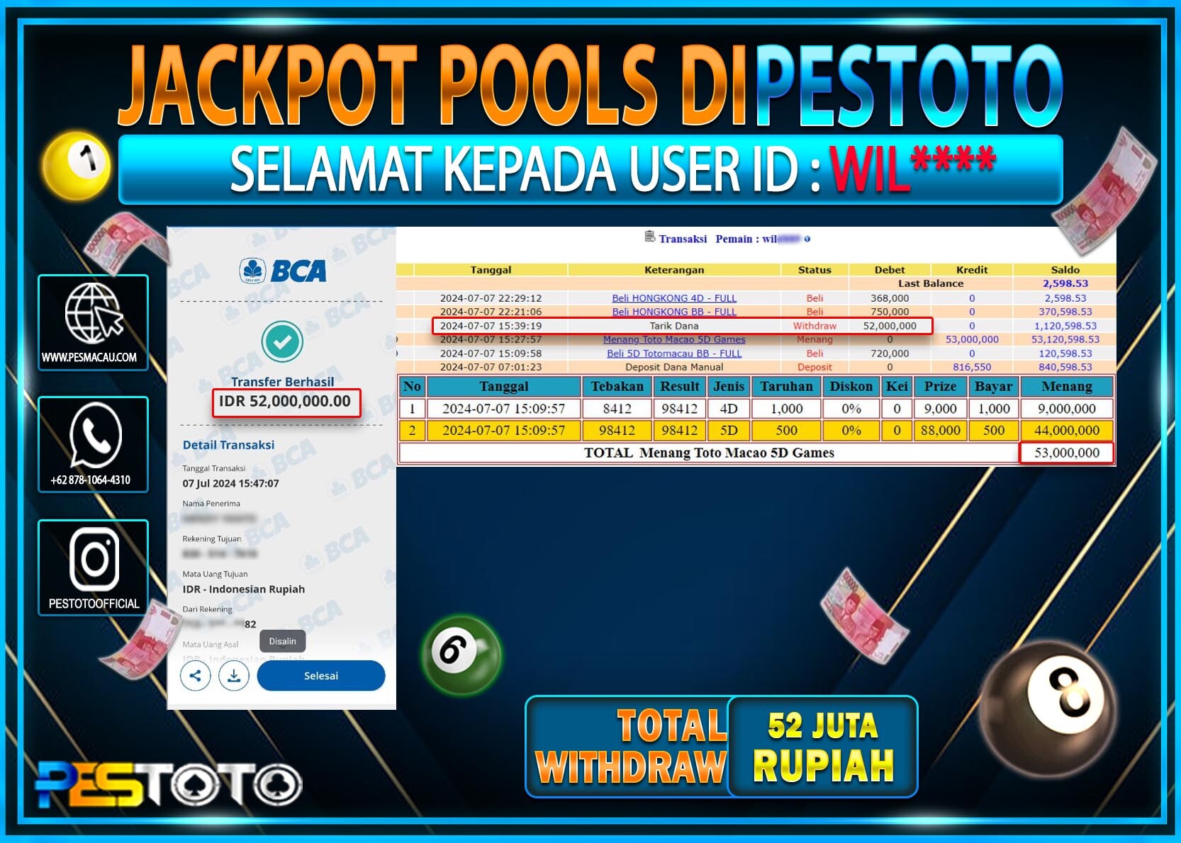 HANYA DI PESTOTO JP PASTI DI BAYAR LUNAS DAN CEPAT!!!!!! JP TOGEL { TOTO MACAU 5D } Rp. 52.000.000!!!!!