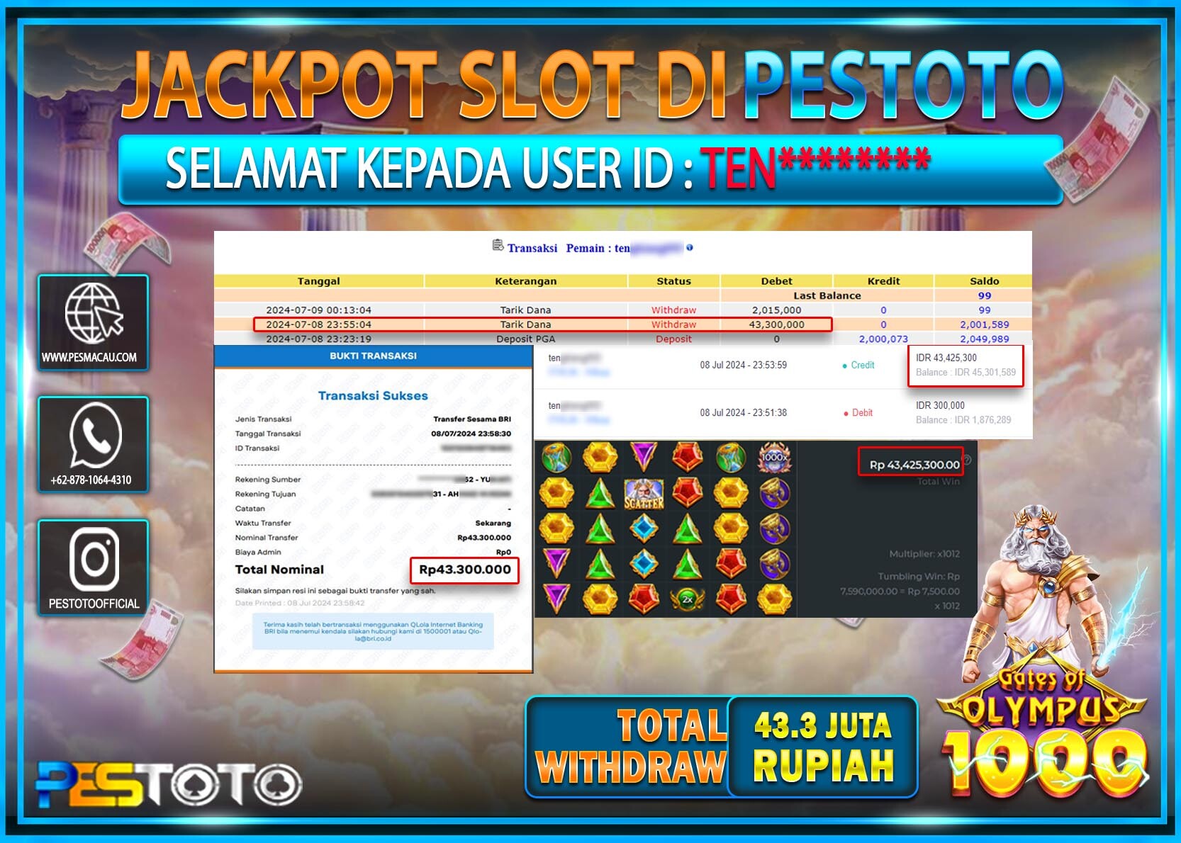 HANYA DI PESTOTO JP PASTI DI BAYAR LUNAS DAN CEPAT!!!!!! JP SLOT { GATES OF OLYMPUS 1000 } Rp. 43.300.000 !!!!!