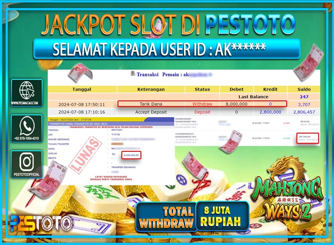 HANYA DI PESTOTO JP PASTI DI BAYAR LUNAS DAN CEPAT!!!!!! JP SLOT { MAHJONG WAYS 2 } Rp. 8.000.000!!!!!