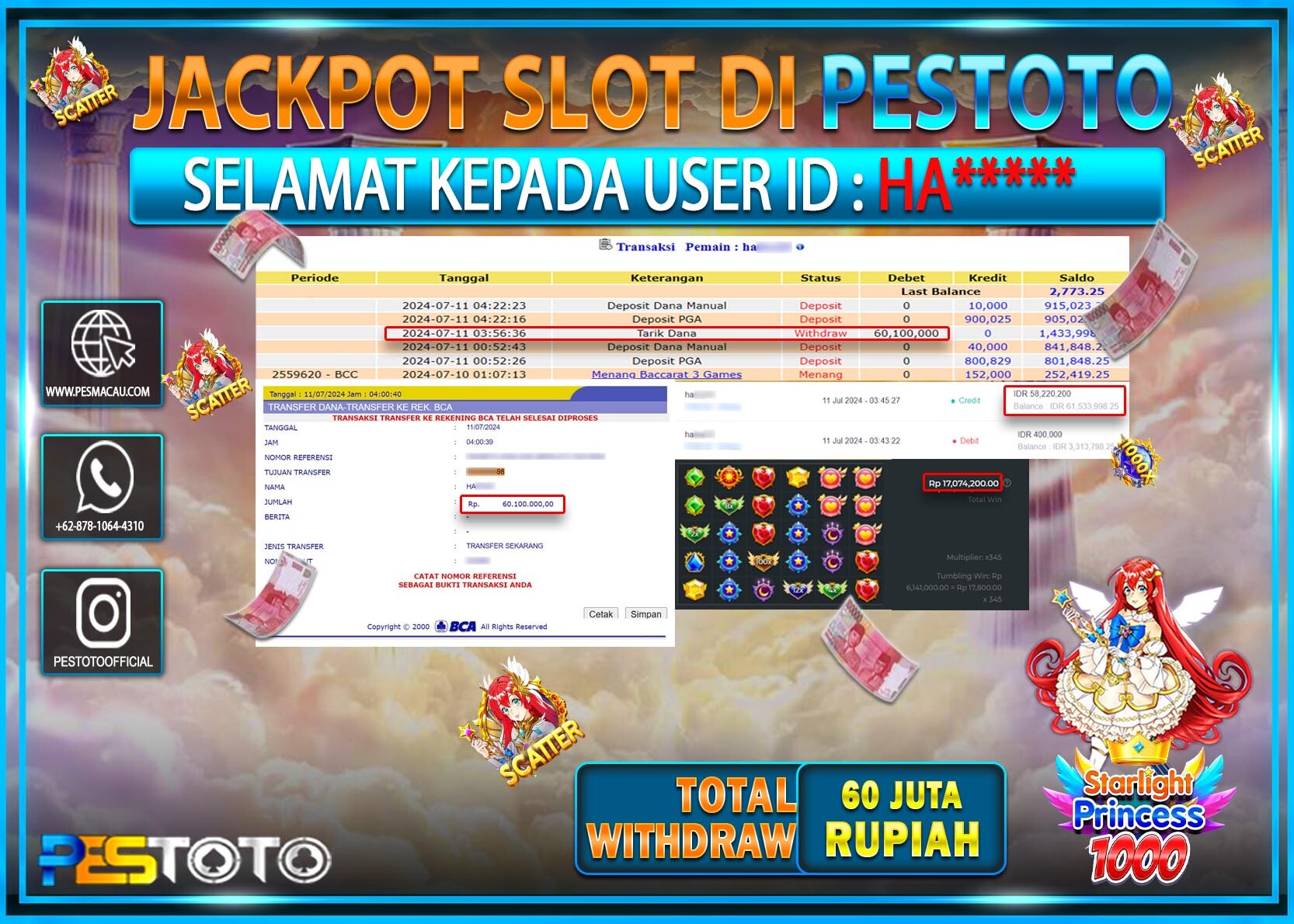 HANYA DI PESTOTO JP PASTI DI BAYAR LUNAS DAN CEPAT!!!!!! JP SLOT { STARLIGHT PRINCESS 1000 } Rp. 60.100.000 !!!!!