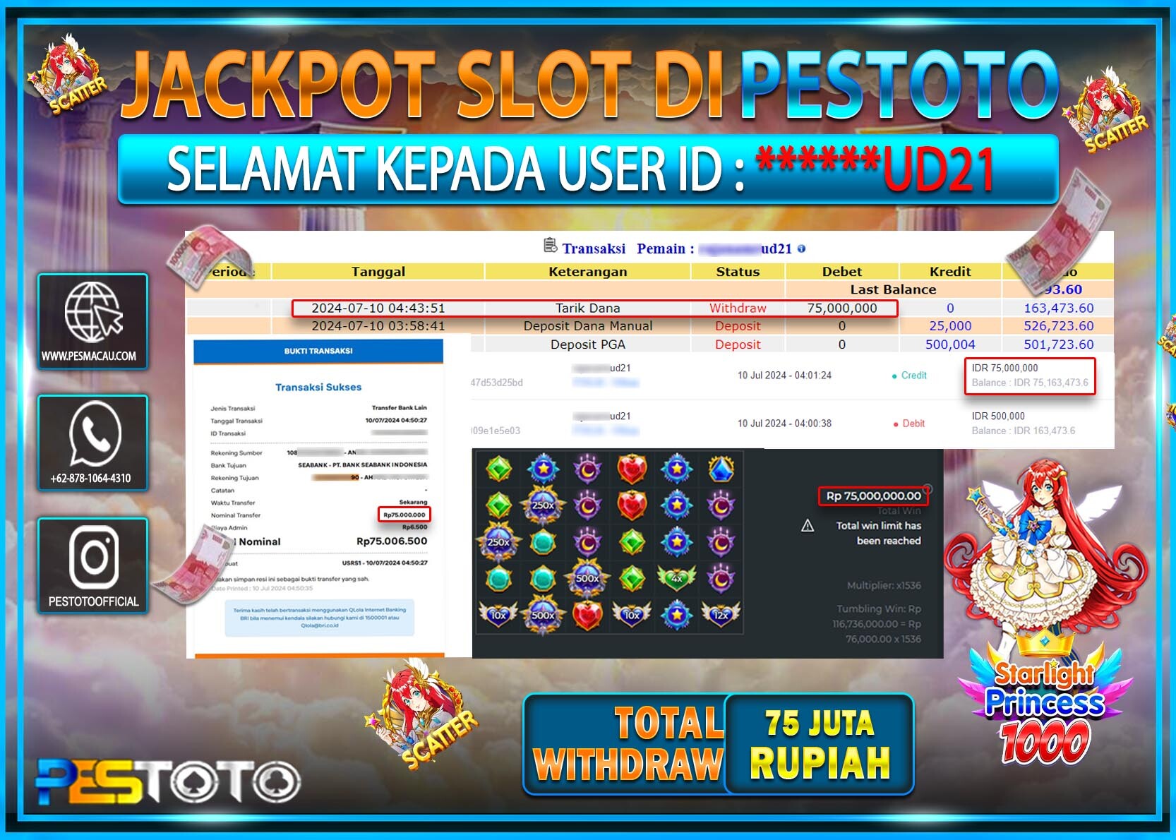 HANYA DI PESTOTO JP PASTI DI BAYAR LUNAS DAN CEPAT!!!!!! JP SLOT { STARLIGHT PRINCESS 1000 } Rp. 75.000.000 !!!!!