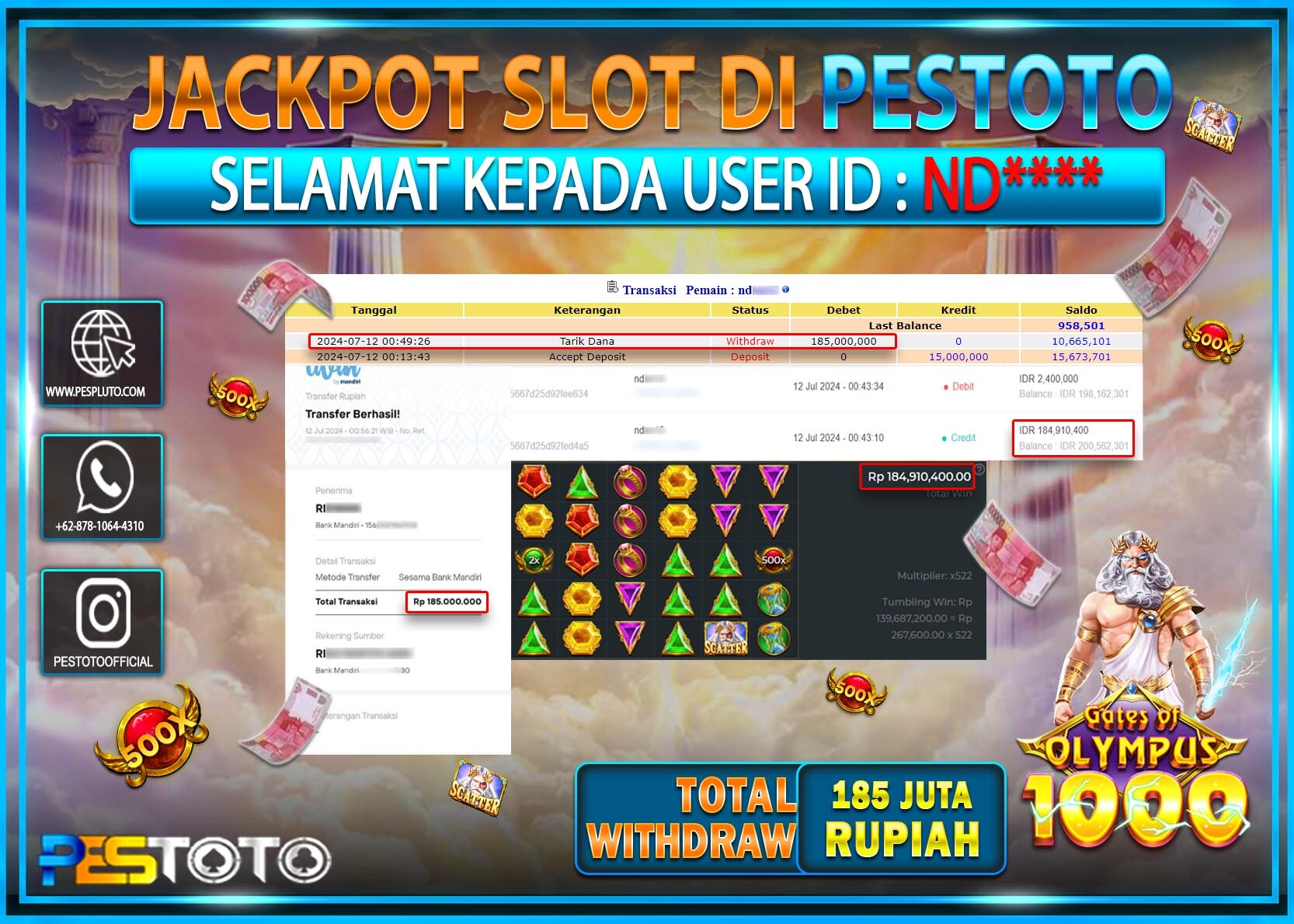 HANYA DI PESTOTO JP PASTI DI BAYAR LUNAS DAN CEPAT!!!!!! JP SLOT { GATES OF OLYMPUS 1000 } Rp. 185.000.000!!!!!