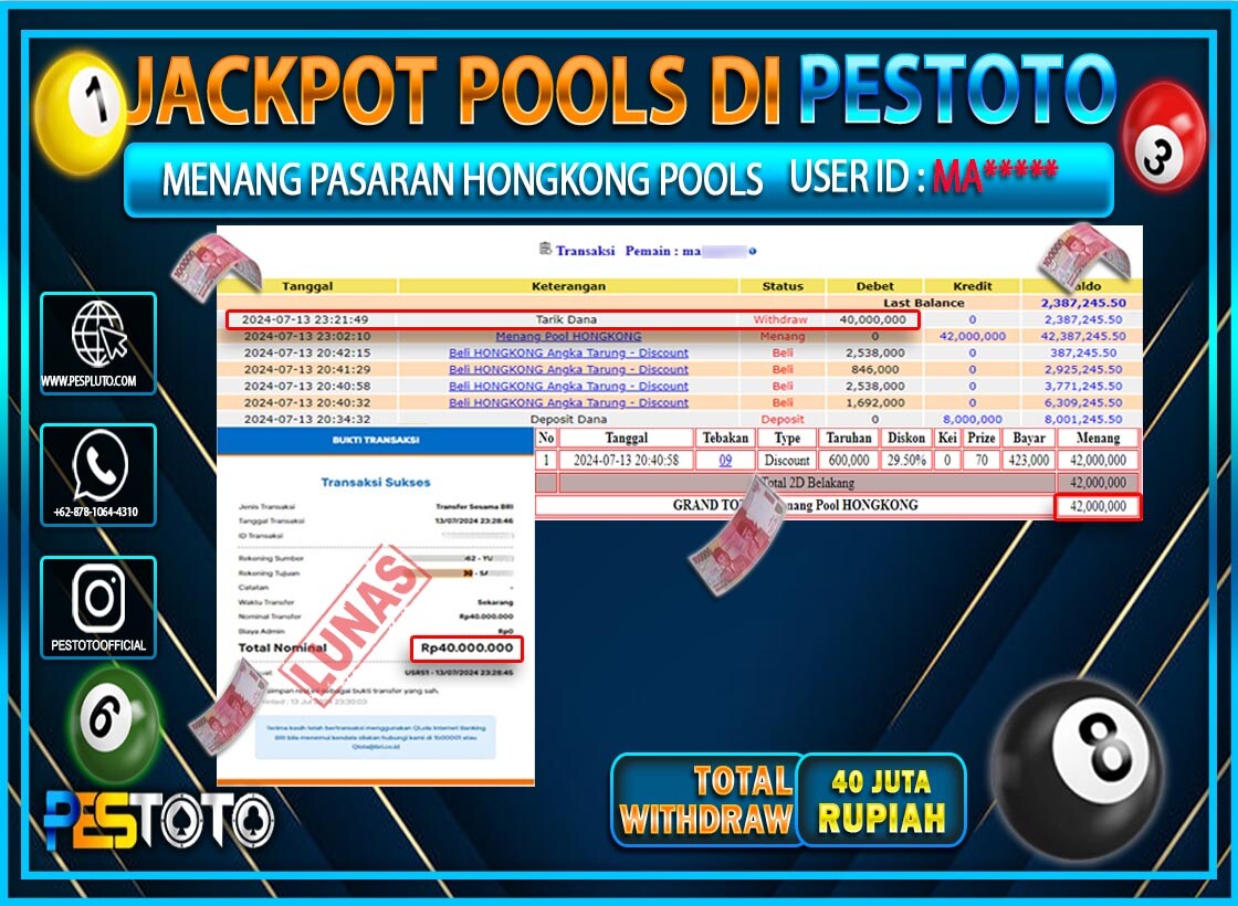 HANYA DI PESTOTO JP PASTI DI BAYAR LUNAS DAN CEPAT!!!!!! JP TOGEL { HONGKONG POOLS } Rp. 40.000.000!!!!!