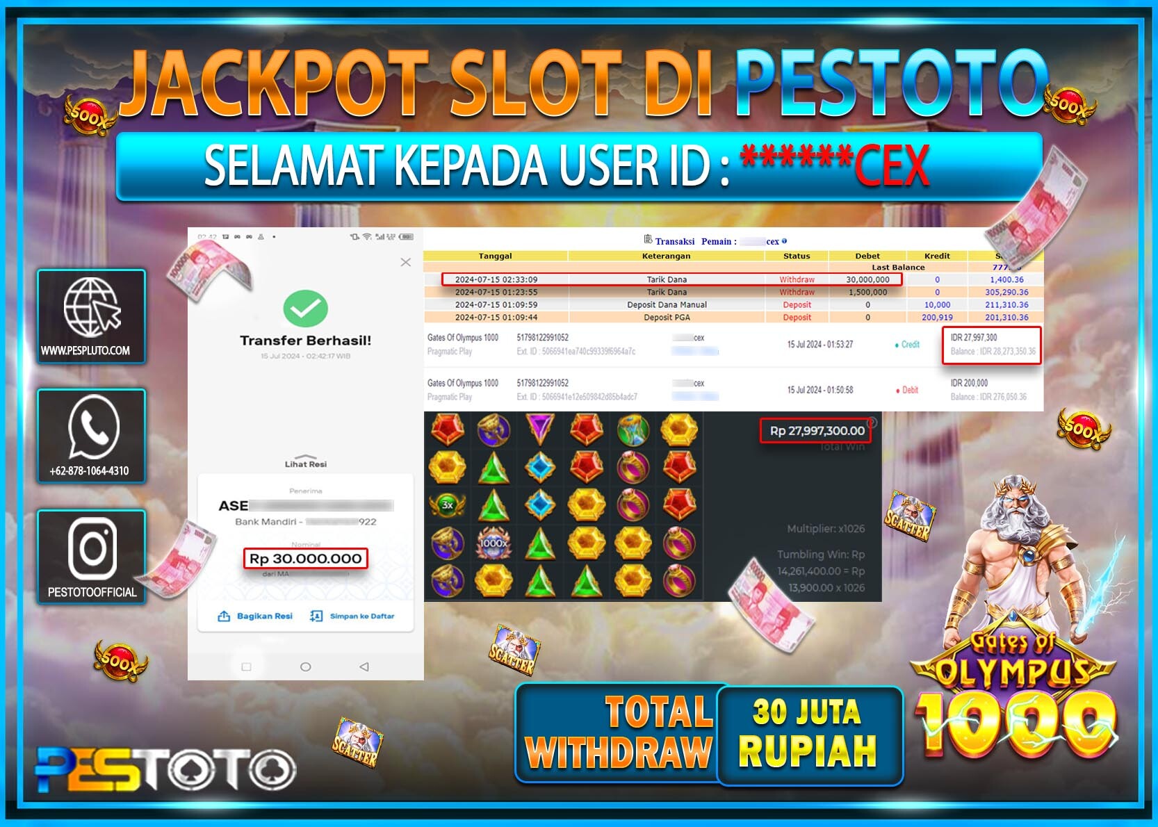 HANYA DI PESTOTO JP PASTI DI BAYAR LUNAS DAN CEPAT!!!!!! JP SLOT { GATES OF OLYMPUS 1000 } Rp. 30.000.000 !!!!!