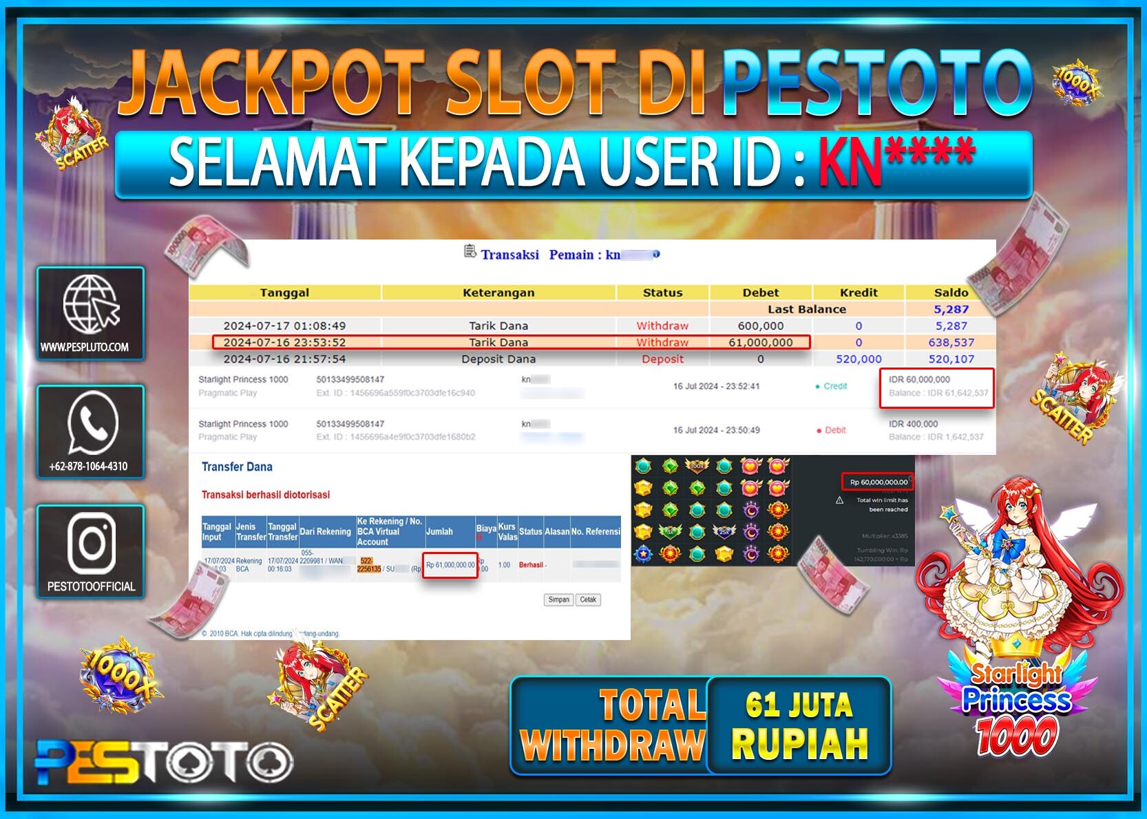 HANYA DI PESTOTO JP PASTI DI BAYAR LUNAS DAN CEPAT!!!!!! JP SLOT { STARLIGHT PRINCESS 1000 } Rp. 61.000.000!!!!!