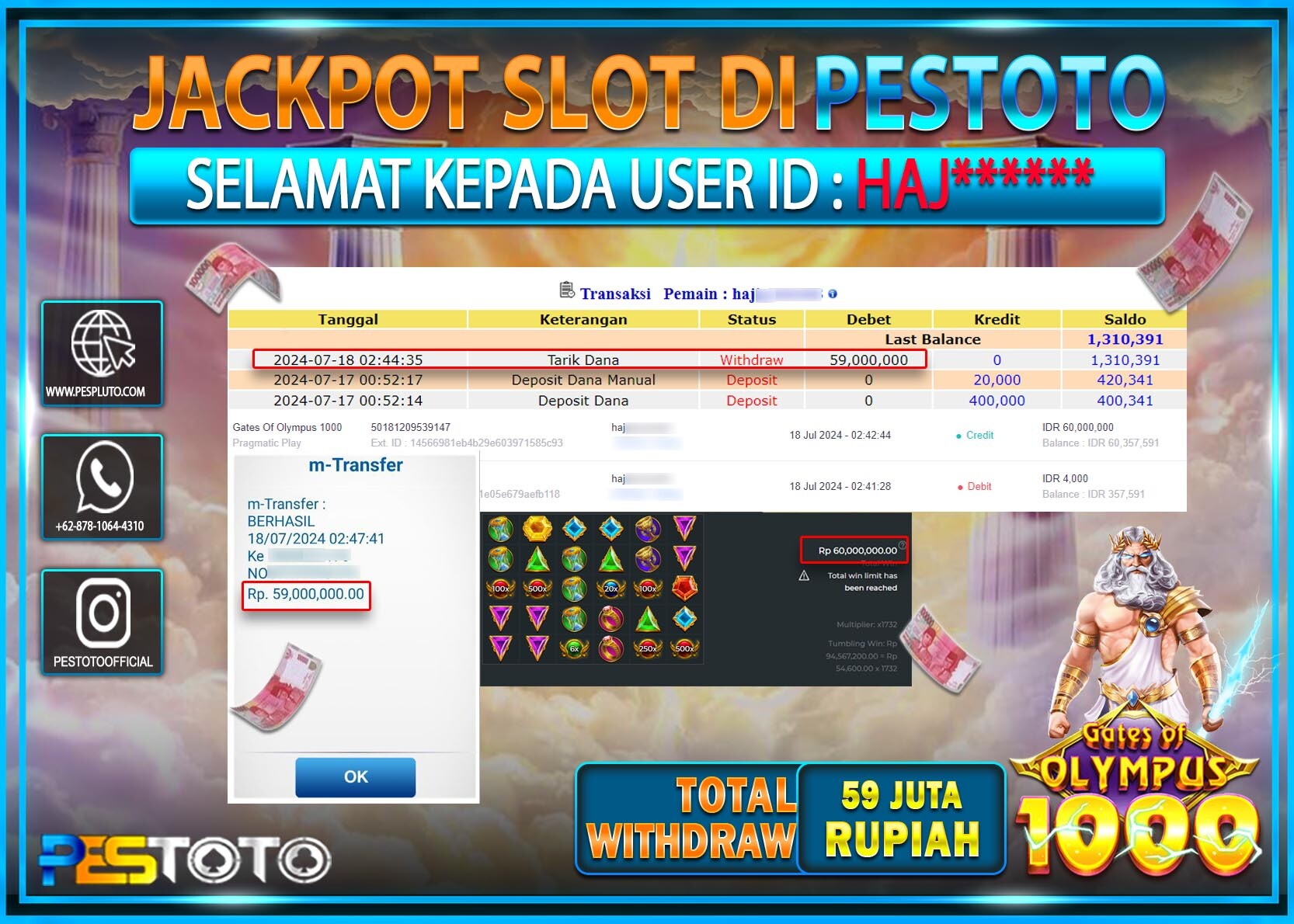 HANYA DI PESTOTO JP PASTI DI BAYAR LUNAS DAN CEPAT!!!!!! JP SLOT { GATES OF OLYMPUS 1000 } Rp. 59.000.000 !!!!!
