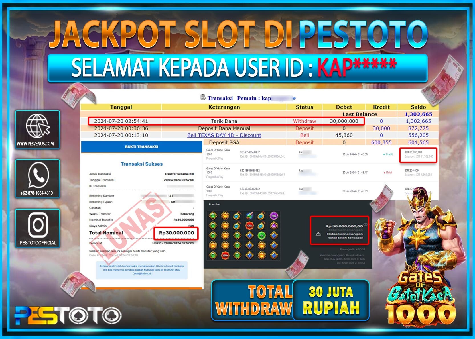 HANYA DI PESTOTO JP PASTI DI BAYAR LUNAS DAN CEPAT!!!!!! JP SLOT { GATES OF GATOT KACA 1000 } Rp. 30.000.000 !!!!!