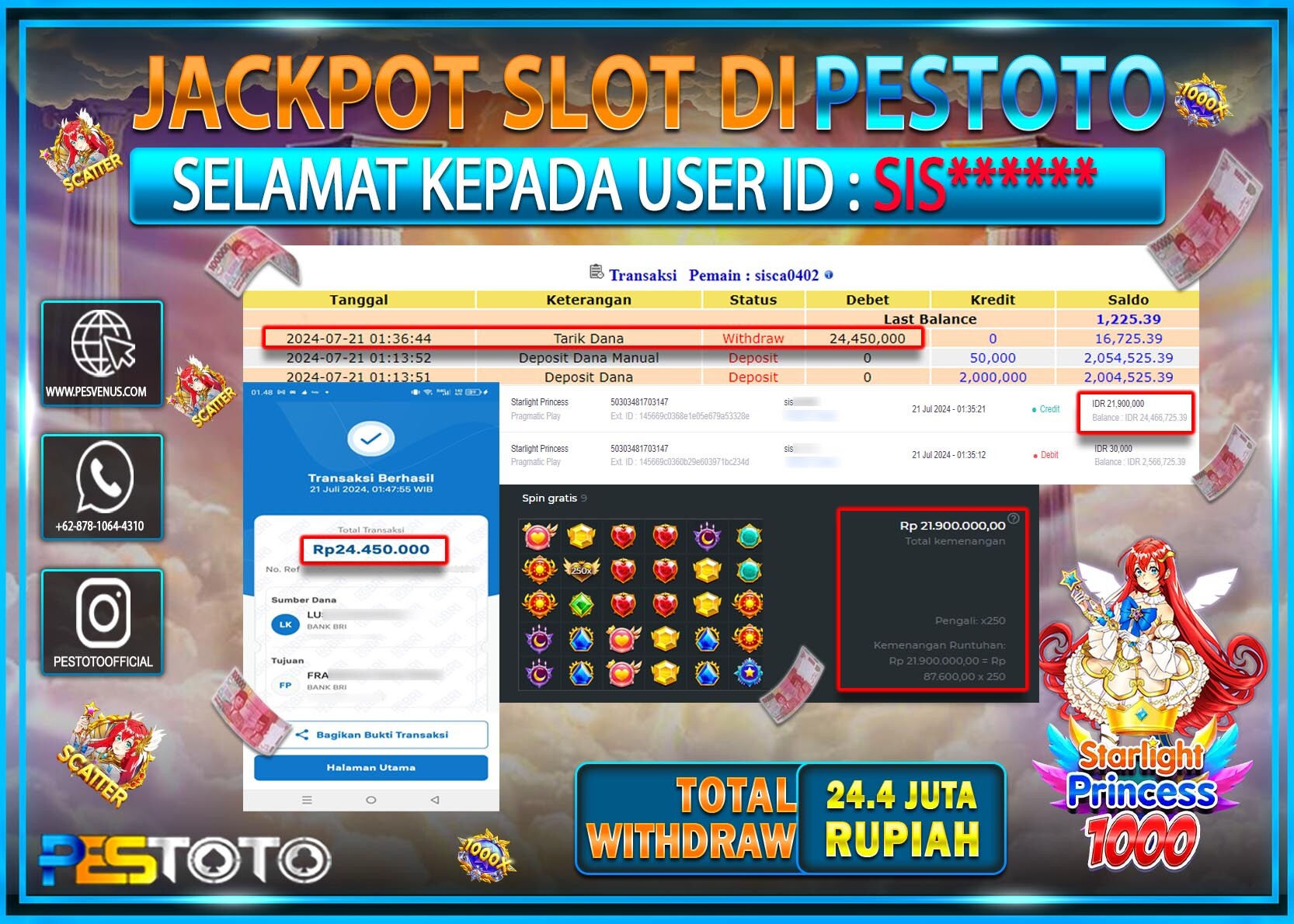 HANYA DI PESTOTO JP PASTI DI BAYAR LUNAS DAN CEPAT!!!!!! JP SLOT { STARLIGHT PRINCESS 1000 } Rp. 24.400.000!!!!!