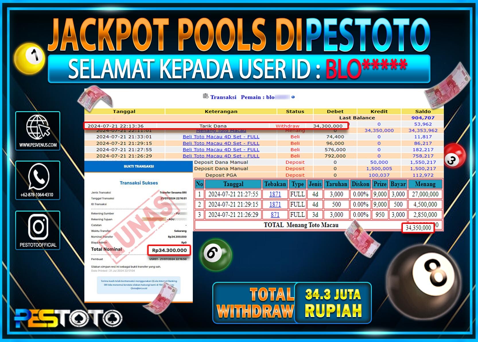 HANYA DI PESTOTO JP PASTI DI BAYAR LUNAS DAN CEPAT!!!!!! JP TOGEL { TOTO MACAU 4D } Rp. 34.300.000!!!!!