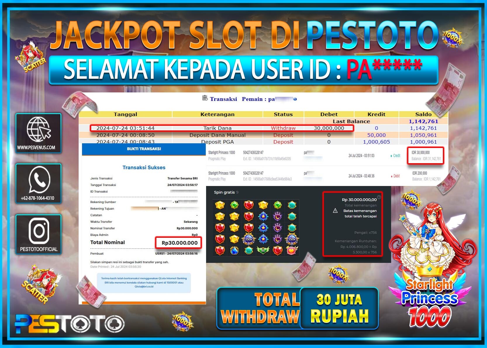 HANYA DI PESTOTO JP PASTI DI BAYAR LUNAS DAN CEPAT!!!!!! JP SLOT { STARLIGHT PRINCESS 1000 } Rp. 30.000.000!!!!!
