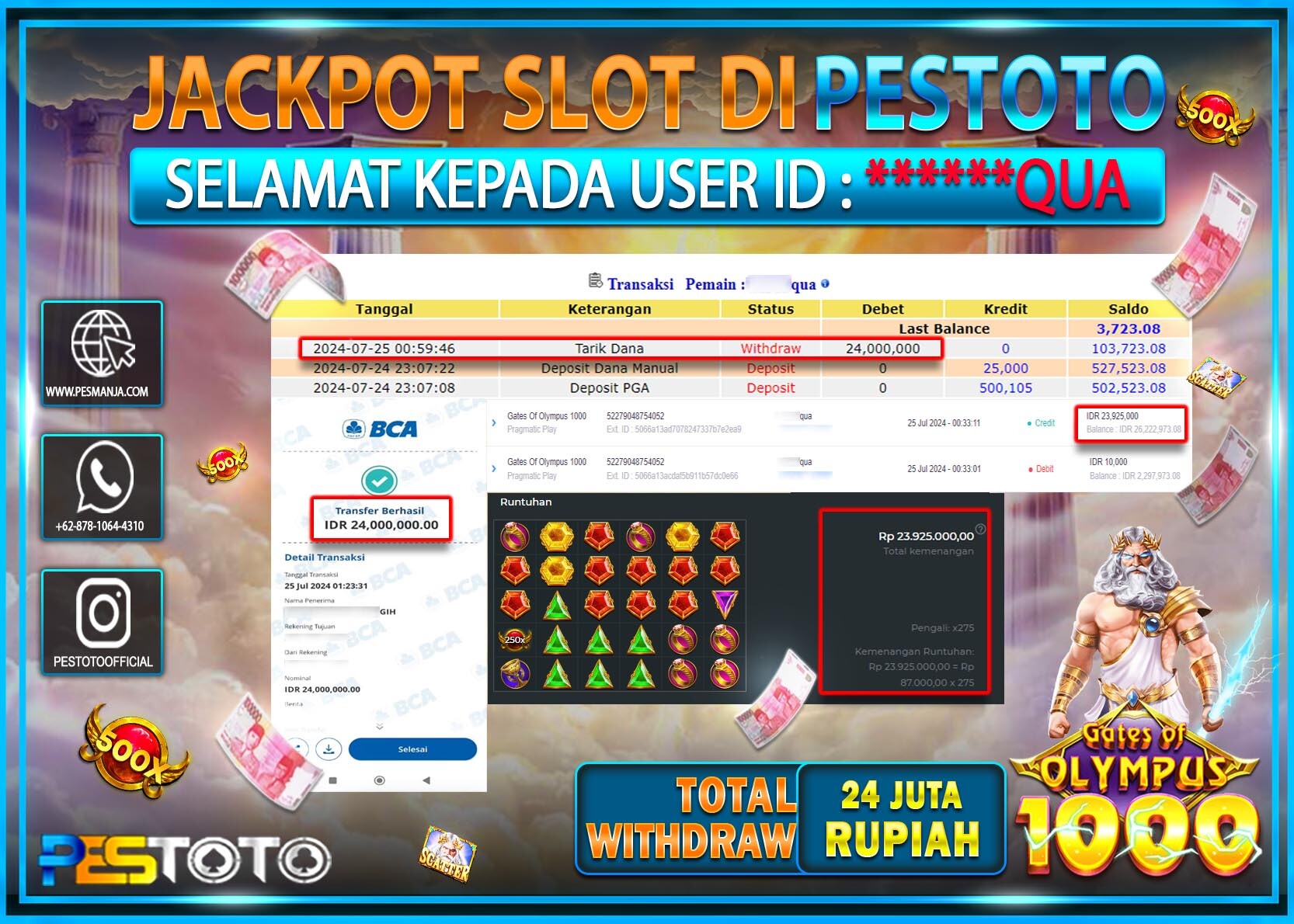 HANYA DI PESTOTO JP PASTI DI BAYAR LUNAS DAN CEPAT!!!!!! JP SLOT { GATES OF OLYMPUS 1000 } Rp. 24.000.000 !!!!!