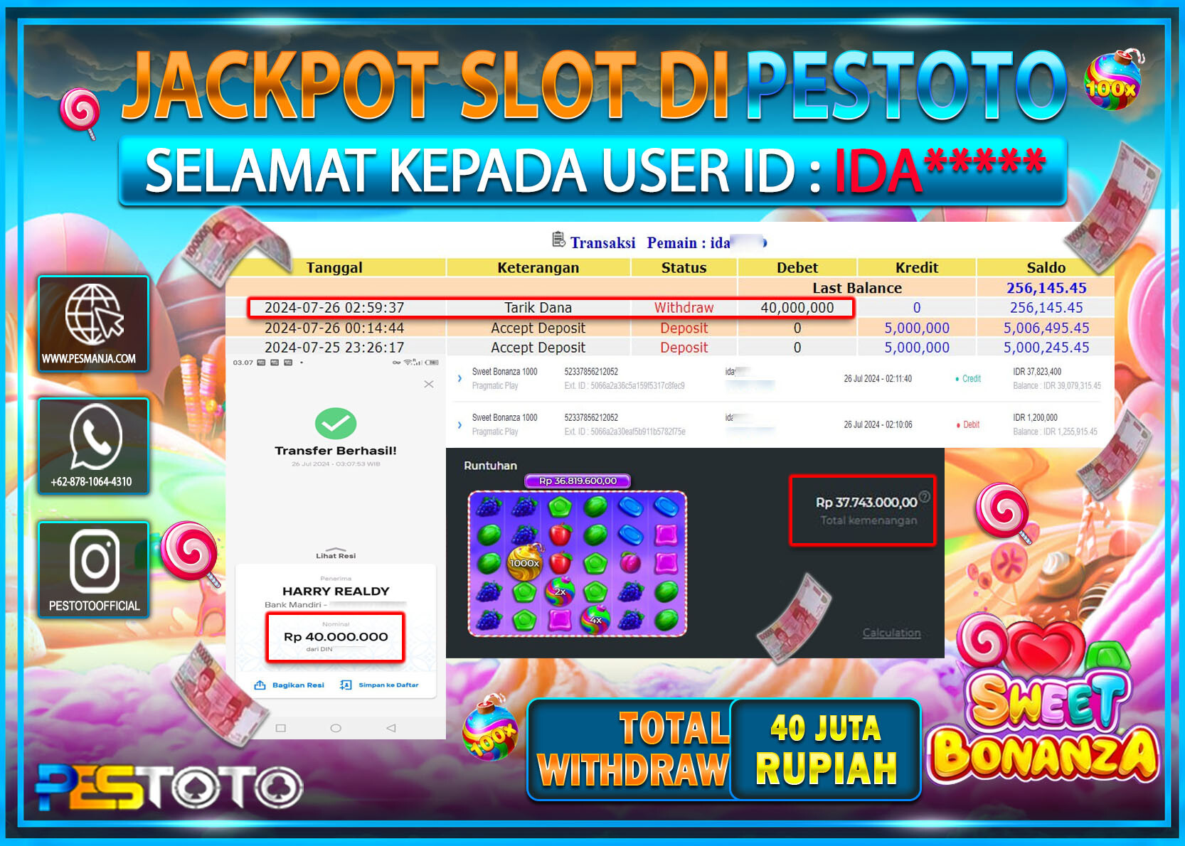 HANYA DI PESTOTO JP PASTI DI BAYAR LUNAS DAN CEPAT!!!!!! JP SLOT { Sweet Bonanza 1000  } Rp. 40.000.000 !!!!!