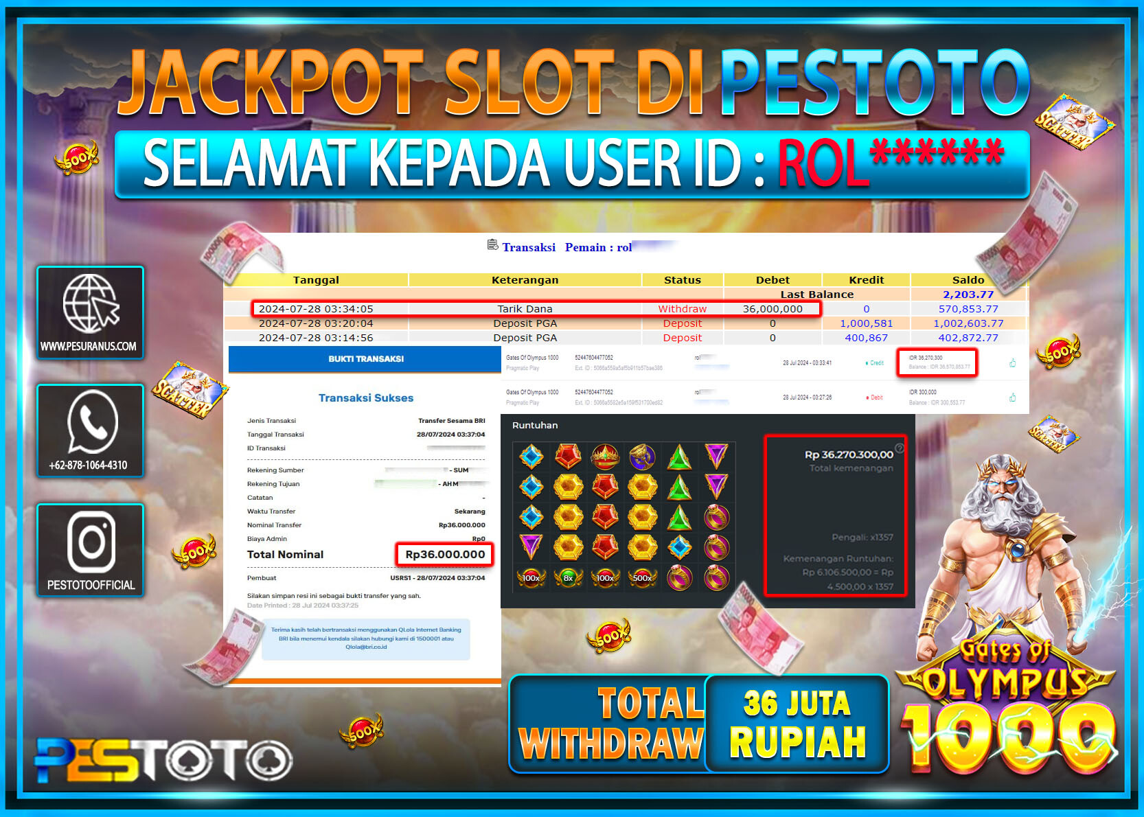 HANYA DI PESTOTO JP PASTI DI BAYAR LUNAS DAN CEPAT!!!!!! JP SLOT { GATES OF OLYMPUS 1000 } Rp. 36.000.000 !!!!!