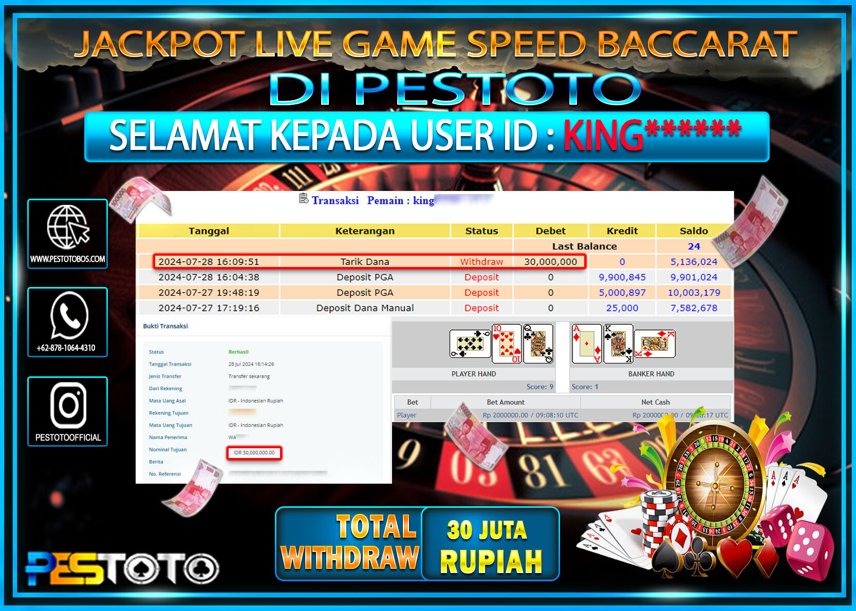 HANYA DI PESTOTO JP PASTI DI BAYAR LUNAS DAN CEPAT!!!!!! JP SLOT LIVE GAME { SLOT  LIVE GAME SPEED BACCARAT } Rp. 30.000.000 !!!!!