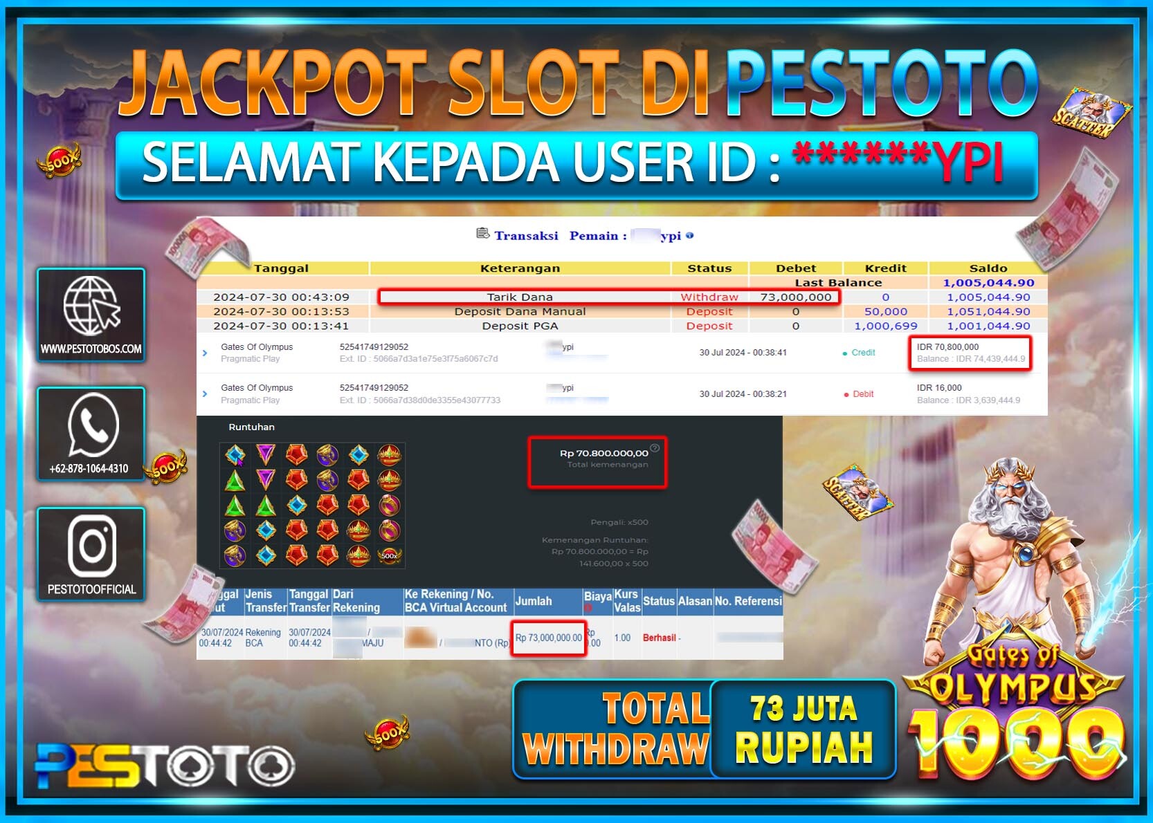 HANYA DI PESTOTO JP PASTI DI BAYAR LUNAS DAN CEPAT!!!!!! JP SLOT { GATES OF OLYMPUS 1000 } Rp. 73.000.000 !!!!!