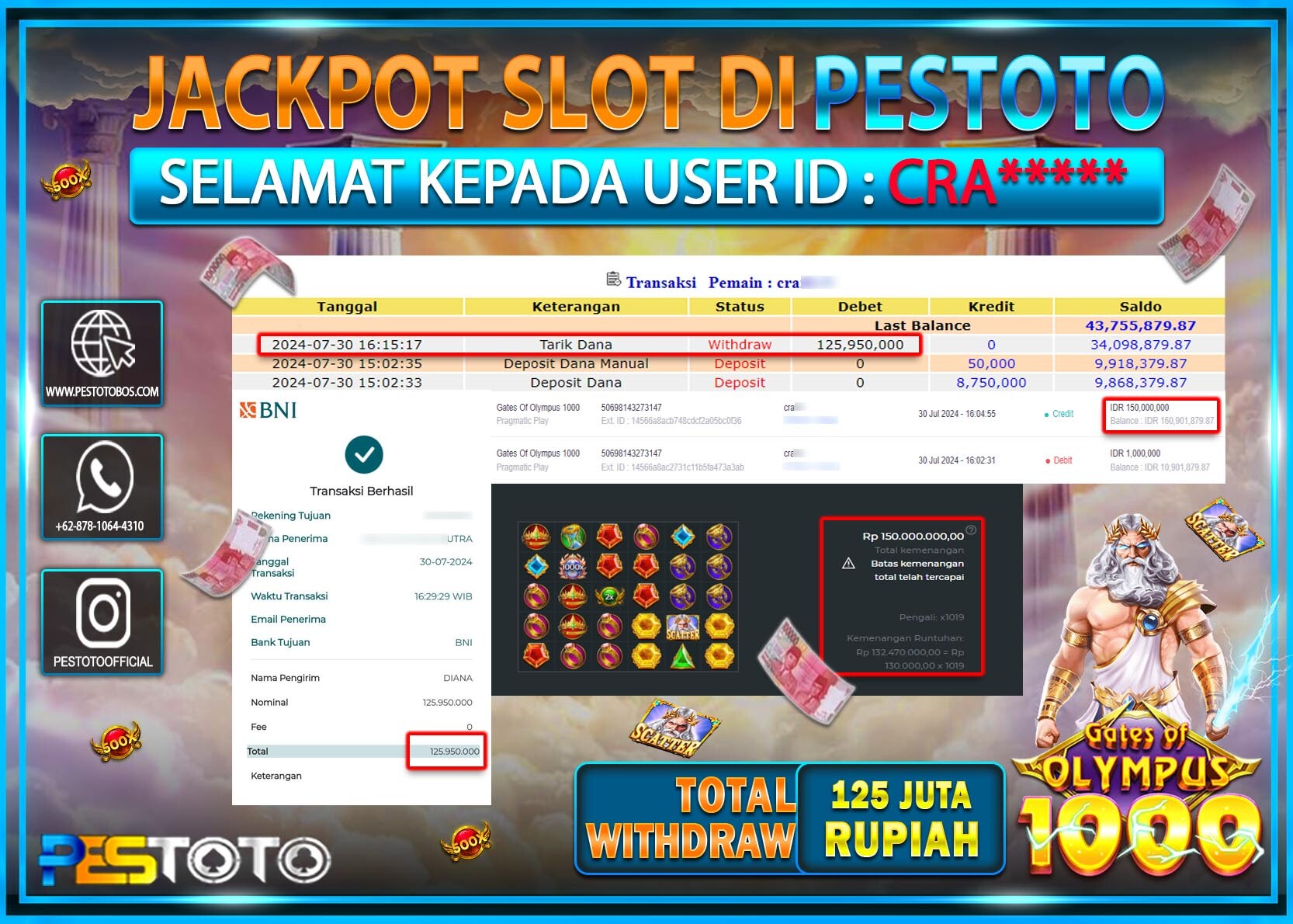 HANYA DI PESTOTO JP PASTI DI BAYAR LUNAS DAN CEPAT!!!!!! JP SLOT { GATES OF OLYMPUS 1000 } Rp. 125.950.000!!!!!