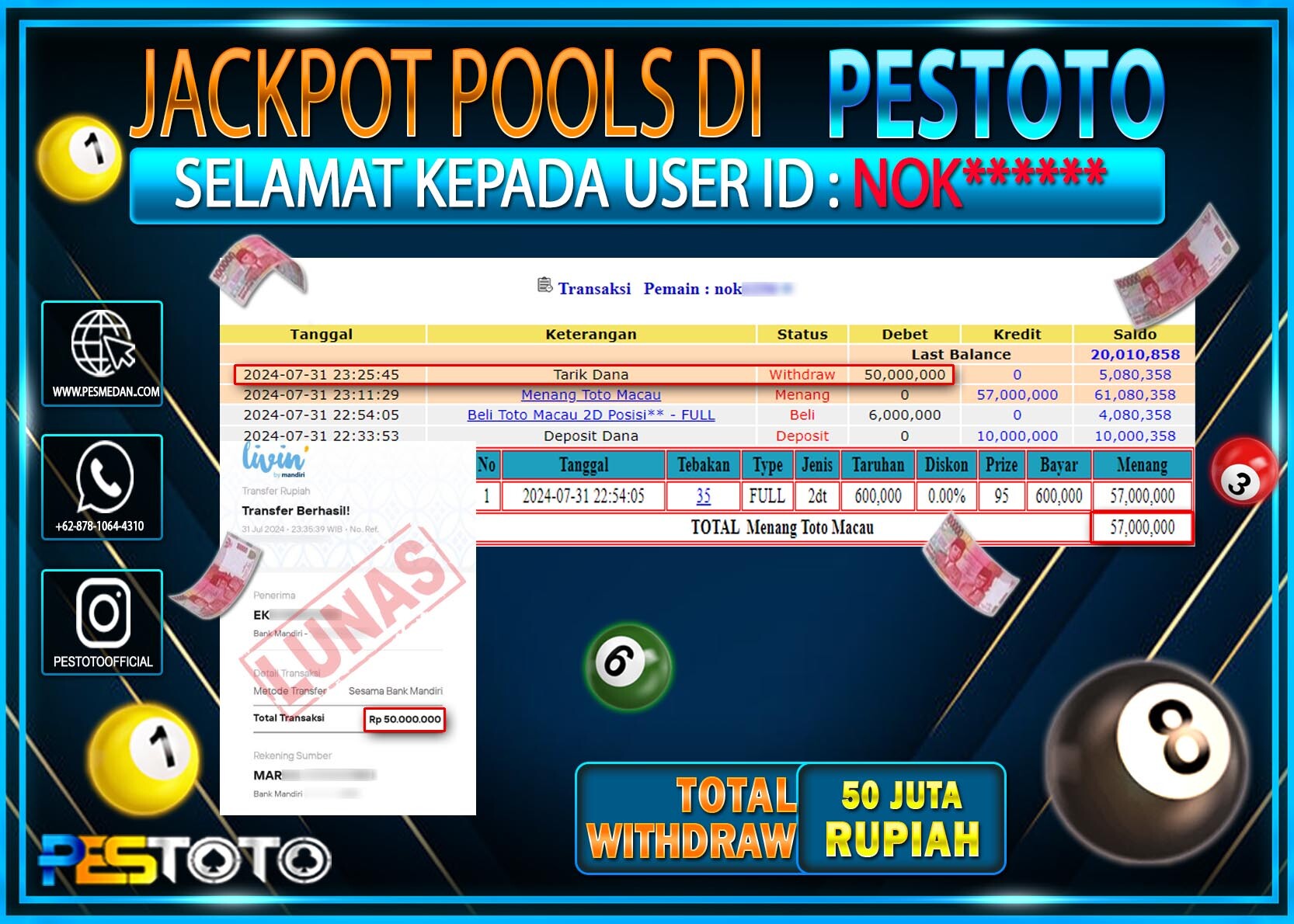 HANYA DI PESTOTO JP PASTI DI BAYAR LUNAS DAN CEPAT!!!!!! JP TOGEL { TOTO MACAU } Rp. 50.000.000!!!!!