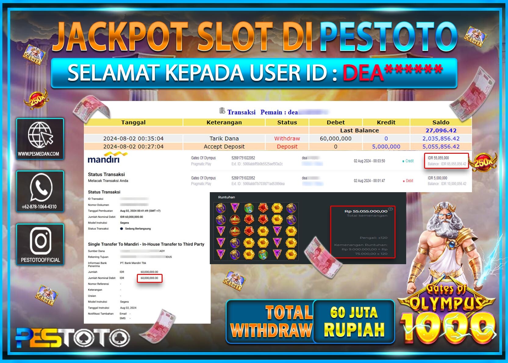 HANYA DI PESTOTO JP PASTI DI BAYAR LUNAS DAN CEPAT!!!!!! JP SLOT { GATES OF OLYMPUS 1000 } Rp. 60.000.000!!!!!