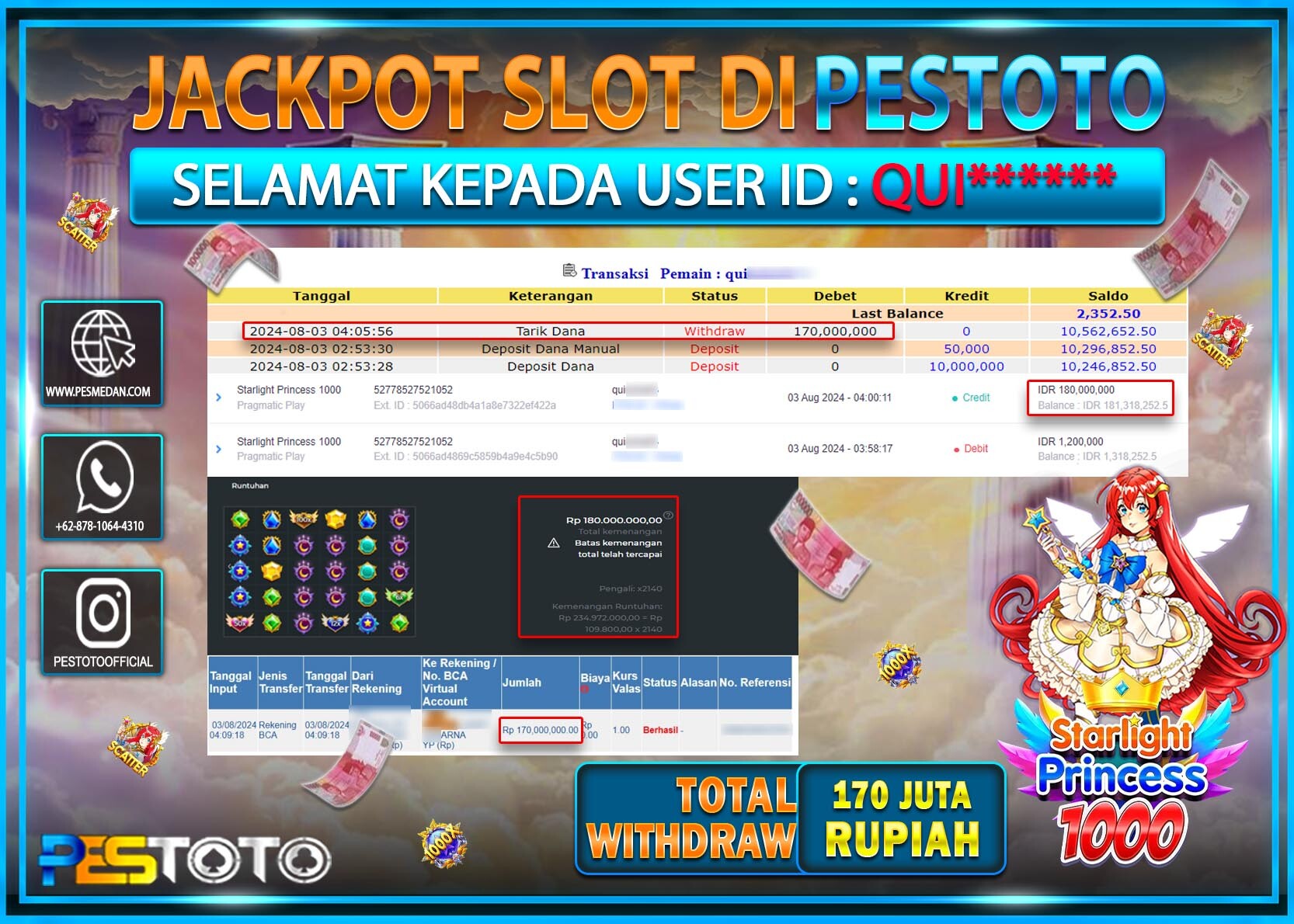 HANYA DI PESTOTO JP PASTI DI BAYAR LUNAS DAN CEPAT!!!!!! JP SLOT { STARLIGHT PRINCESS 1000 } Rp. 170.000.000!!!!!