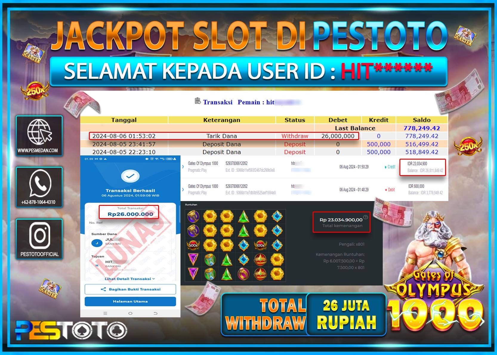 HANYA DI PESTOTO JP PASTI DI BAYAR LUNAS DAN CEPAT!!!!!! JP SLOT { GATES OF OLYMPUS 1000 } Rp. 26.000.000!!!!!