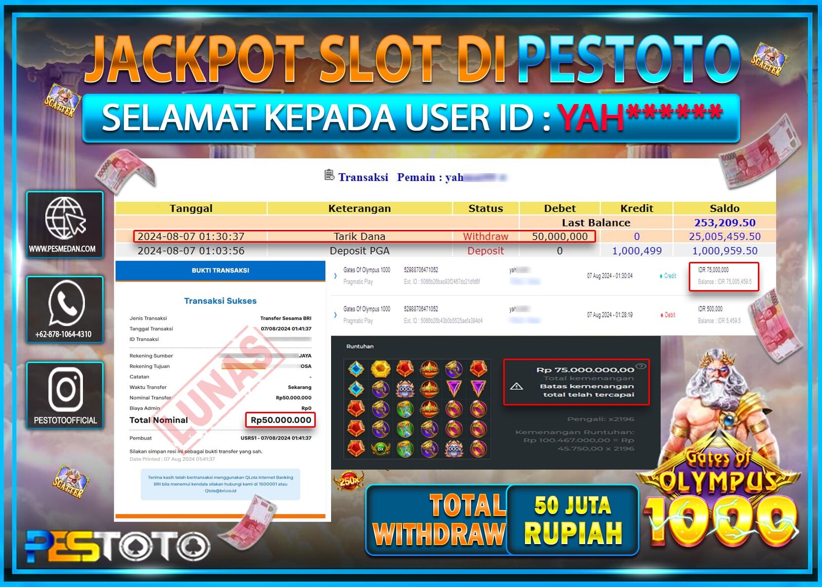 HANYA DI PESTOTO JP PASTI DI BAYAR LUNAS DAN CEPAT!!!!!! JP SLOT { GATES OF OLYMPUS 1000 } Rp. 50.000.000!!!!!