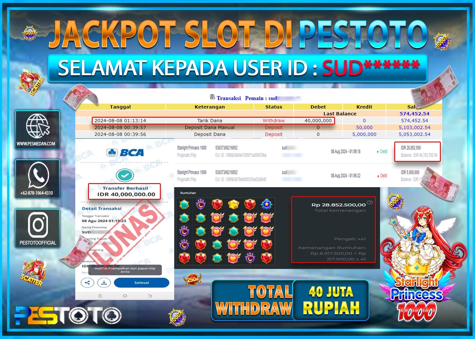 HANYA DI PESTOTO JP PASTI DI BAYAR LUNAS DAN CEPAT!!!!!! JP SLOT { STARLIGHT PRINCESS 1000 } Rp. 40.000.000!!!!!