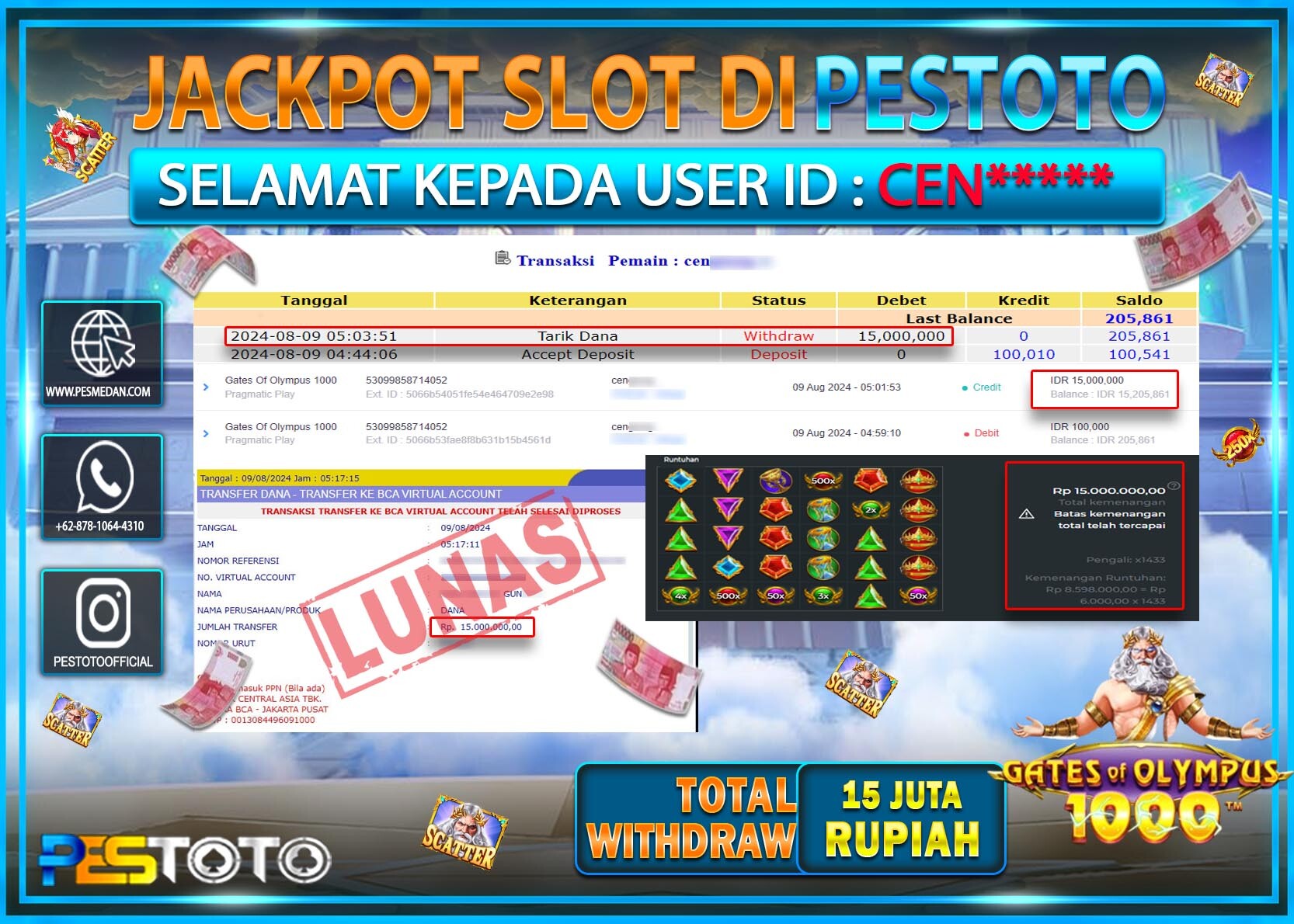 HANYA DI PESTOTO JP PASTI DI BAYAR LUNAS DAN CEPAT!!!!!! JP SLOT { GATES OF OLYMPUS 1000 } Rp. 15.000.000!!!!!