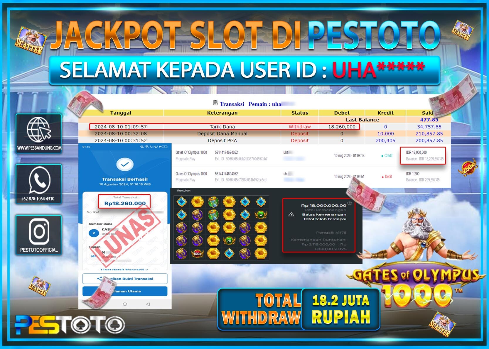HANYA DI PESTOTO JP PASTI DI BAYAR LUNAS DAN CEPAT!!!!!! JP SLOT { GATES OF OLYMPUS 1000 } Rp. 18.260.000!!!!!