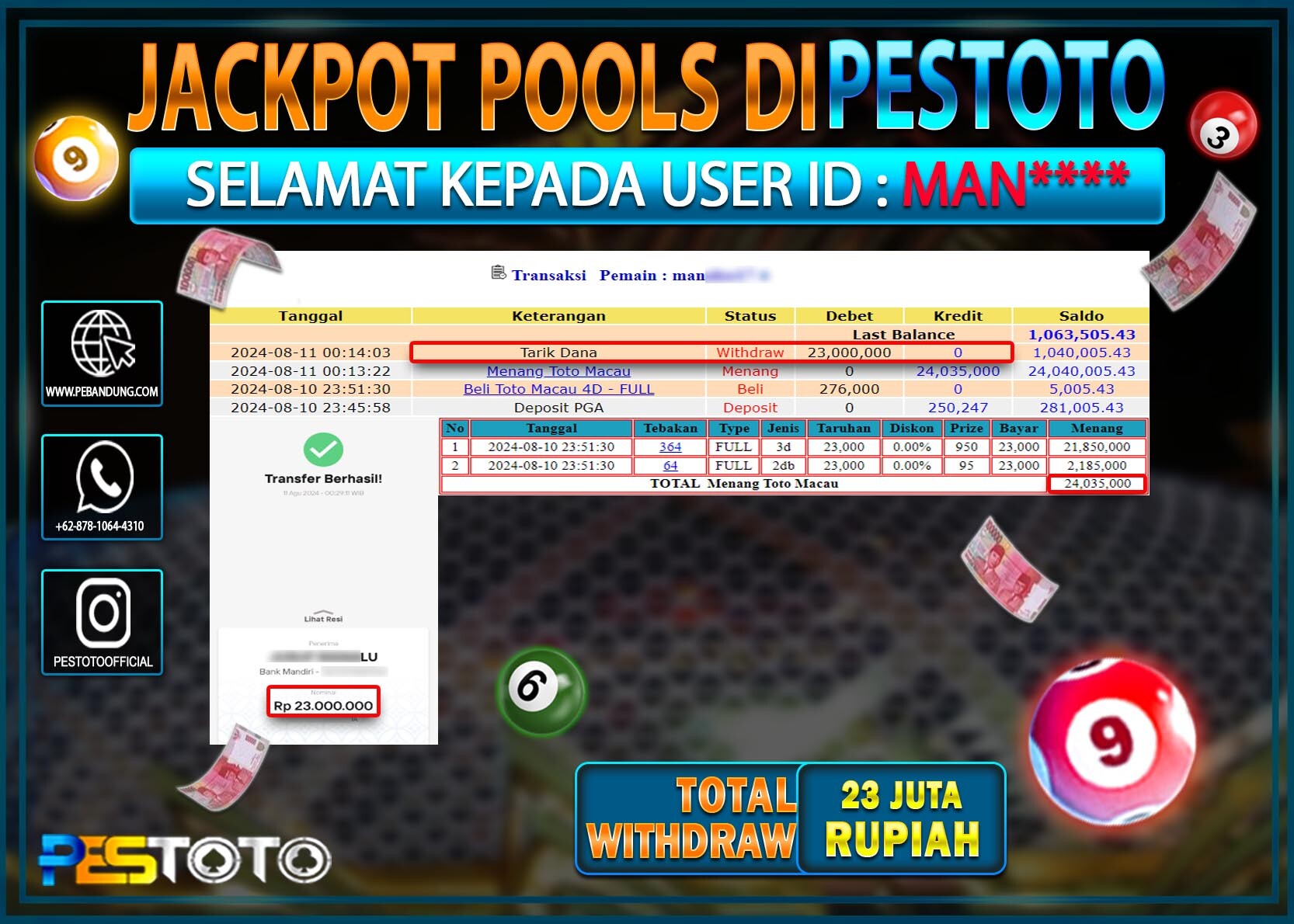 HANYA DI PESTOTO JP PASTI DI BAYAR LUNAS DAN CEPAT!!!!!! JP TOGEL { TOTO MACAU 4D } Rp. 23.000.000!!!!!