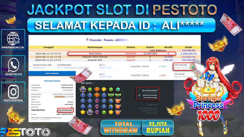 HANYA DI PESTOTO JP PASTI DI BAYAR LUNAS DAN CEPAT!!!!!! JP SLOT { STARLIGHT PRINCESS 1000 } Rp. 32.000.000!!!!!