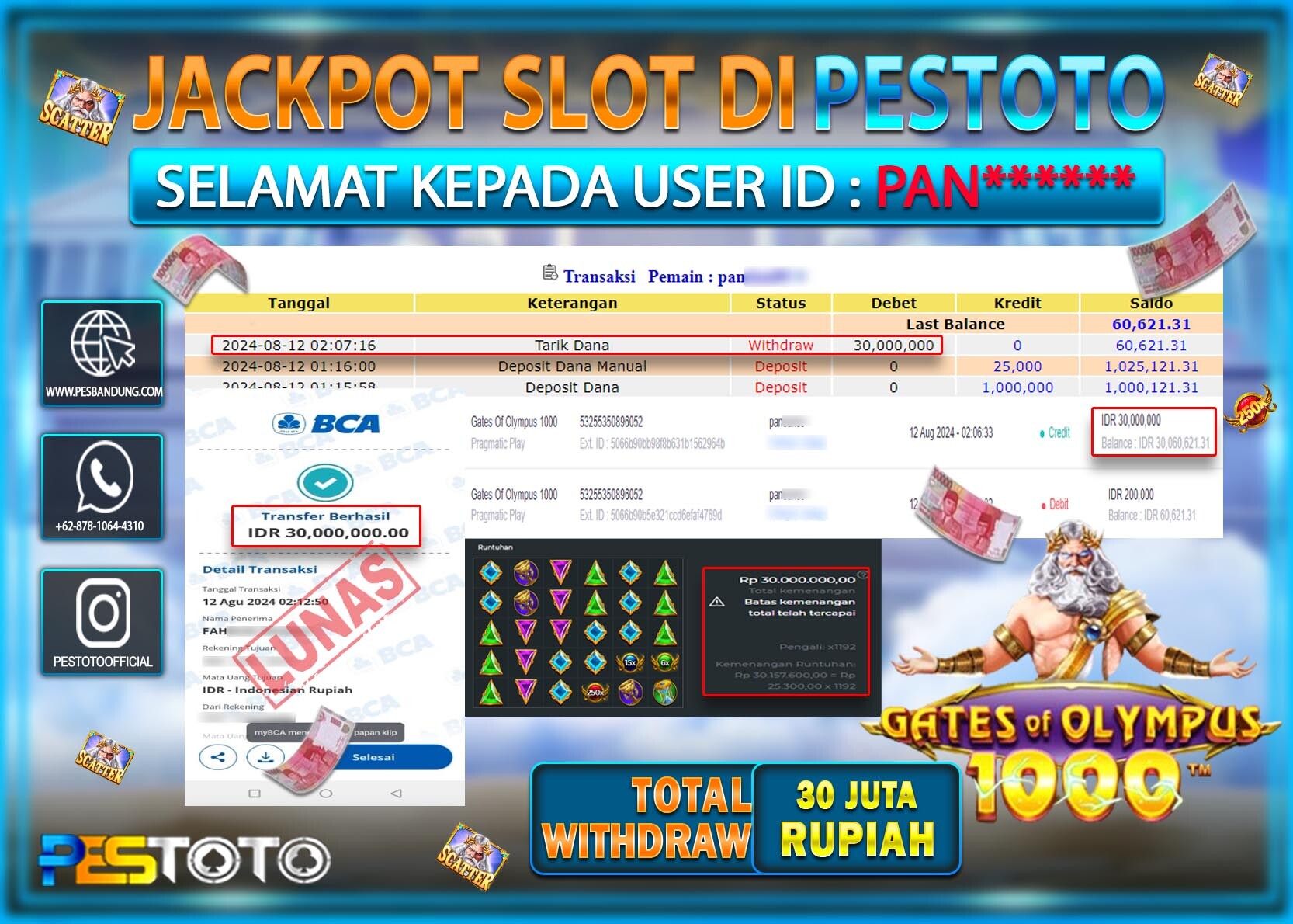 HANYA DI PESTOTO JP PASTI DI BAYAR LUNAS DAN CEPAT!!!!!! JP SLOT { GATES OF OLYMPUS 1000 } Rp. 30.000.000!!!!!