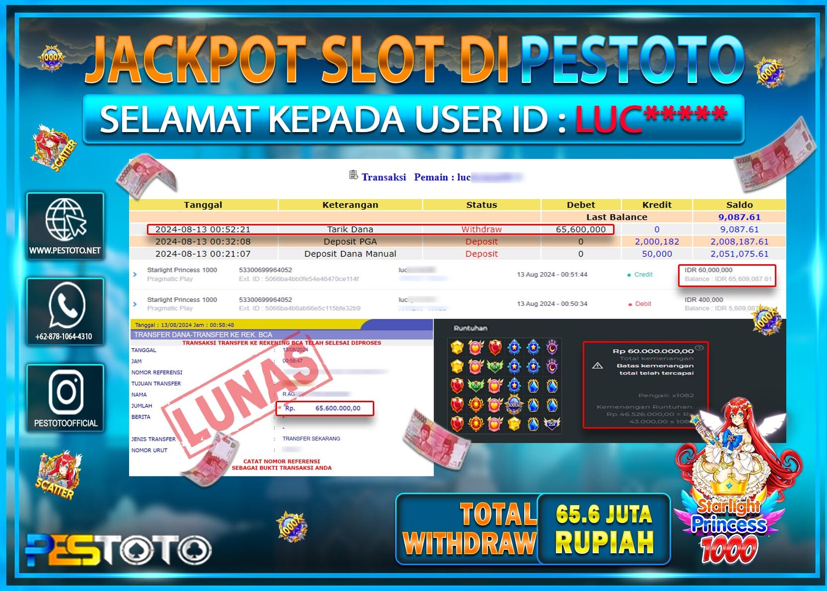 HANYA DI PESTOTO JP PASTI DI BAYAR LUNAS DAN CEPAT!!!!!! JP SLOT { STARLIGHT PRINCESS 1000 } Rp. 65.600.000!!!!!