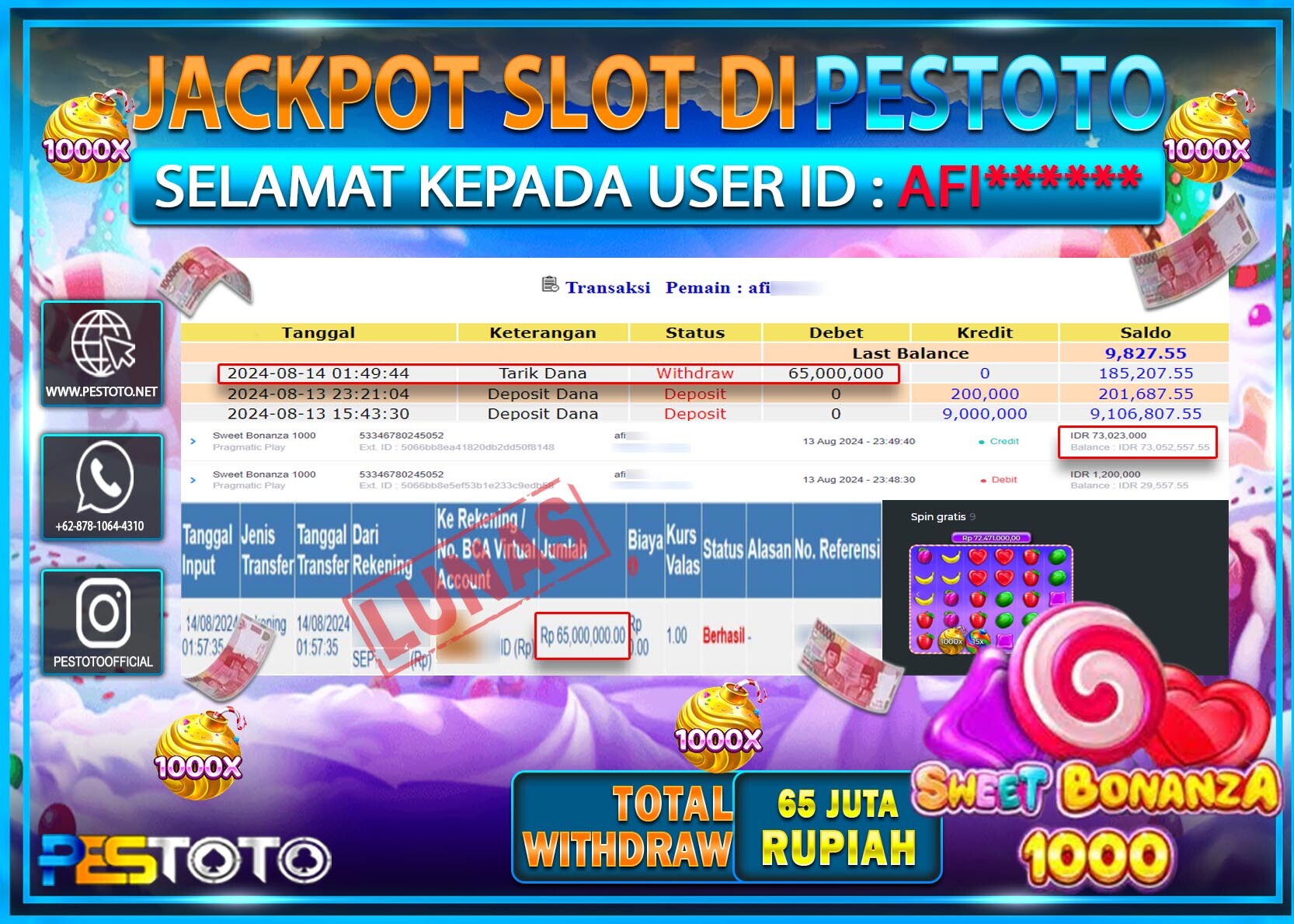 HANYA DI PESTOTO JP PASTI DI BAYAR LUNAS DAN CEPAT!!!!!! JP SLOT { SWEET BONANZA 1000 } Rp. 65.000.000!!!!!