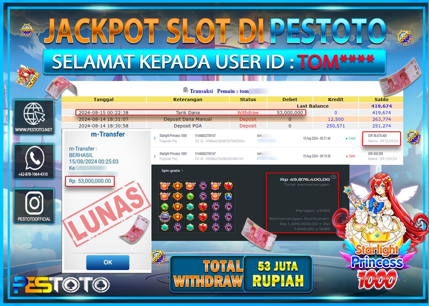 HANYA DI PESTOTO JP PASTI DI BAYAR LUNAS DAN CEPAT!!!!!! JP SLOT { STARLIGHT PRINCESS 1000 } Rp. 53.000.000!!!!!
