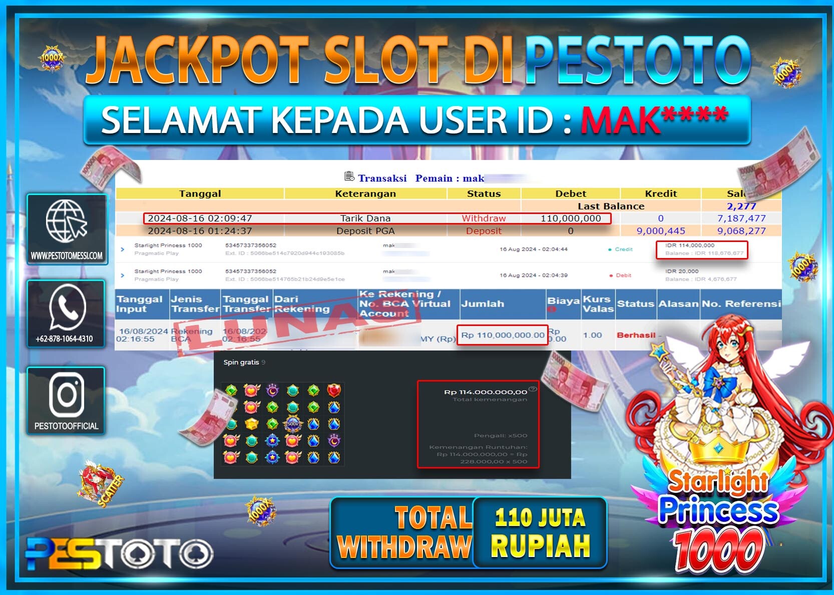 HANYA DI PESTOTO JP PASTI DI BAYAR LUNAS DAN CEPAT!!!!!! JP SLOT { STARLIGHT PRINCESS 1000 } Rp. 110.000.000!!!!!