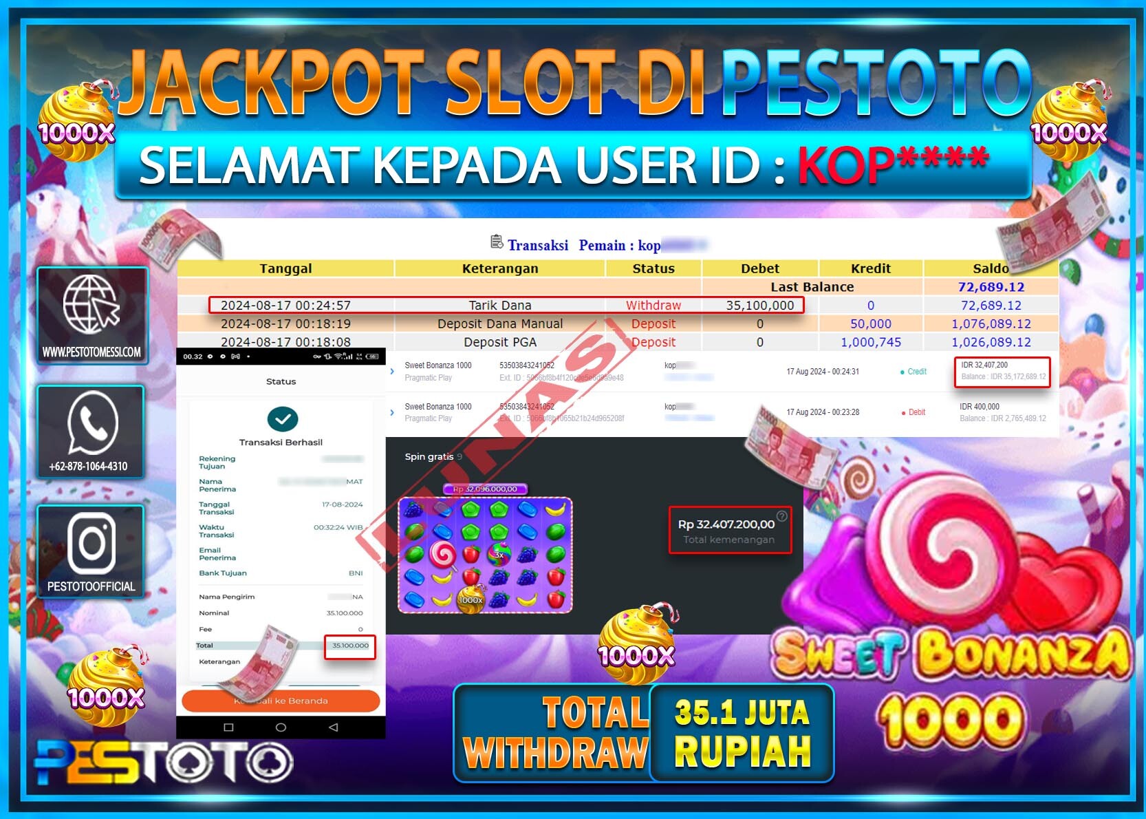 HANYA DI PESTOTO JP PASTI DI BAYAR LUNAS DAN CEPAT!!!!!! JP SLOT { SWEET BONANZA 1000 } Rp. 35.100.000!!!!!