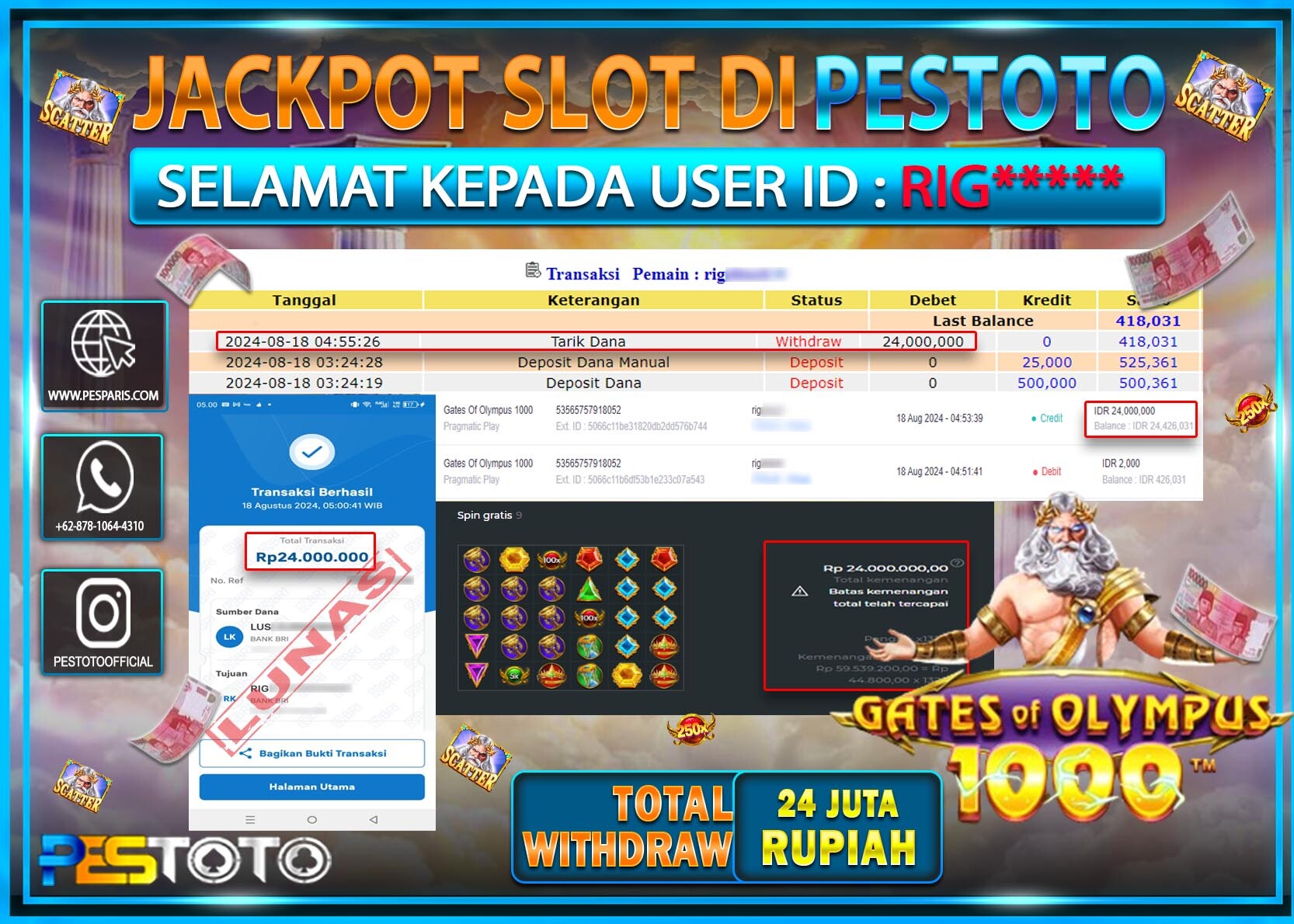 HANYA DI PESTOTO JP PASTI DI BAYAR LUNAS DAN CEPAT!!!!!! JP SLOT { GATES OF OLYMPUS 1000 } Rp. 24.000.000!!!!!
